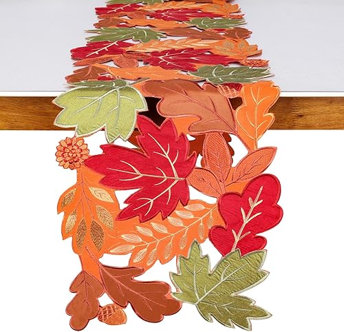 Camino de mesa de Acción de Gracias, 36 pulgadas de largo, hojas de otoño, bordadas, camino de mesa de hojas cortas, decoración de mesa de Acción de