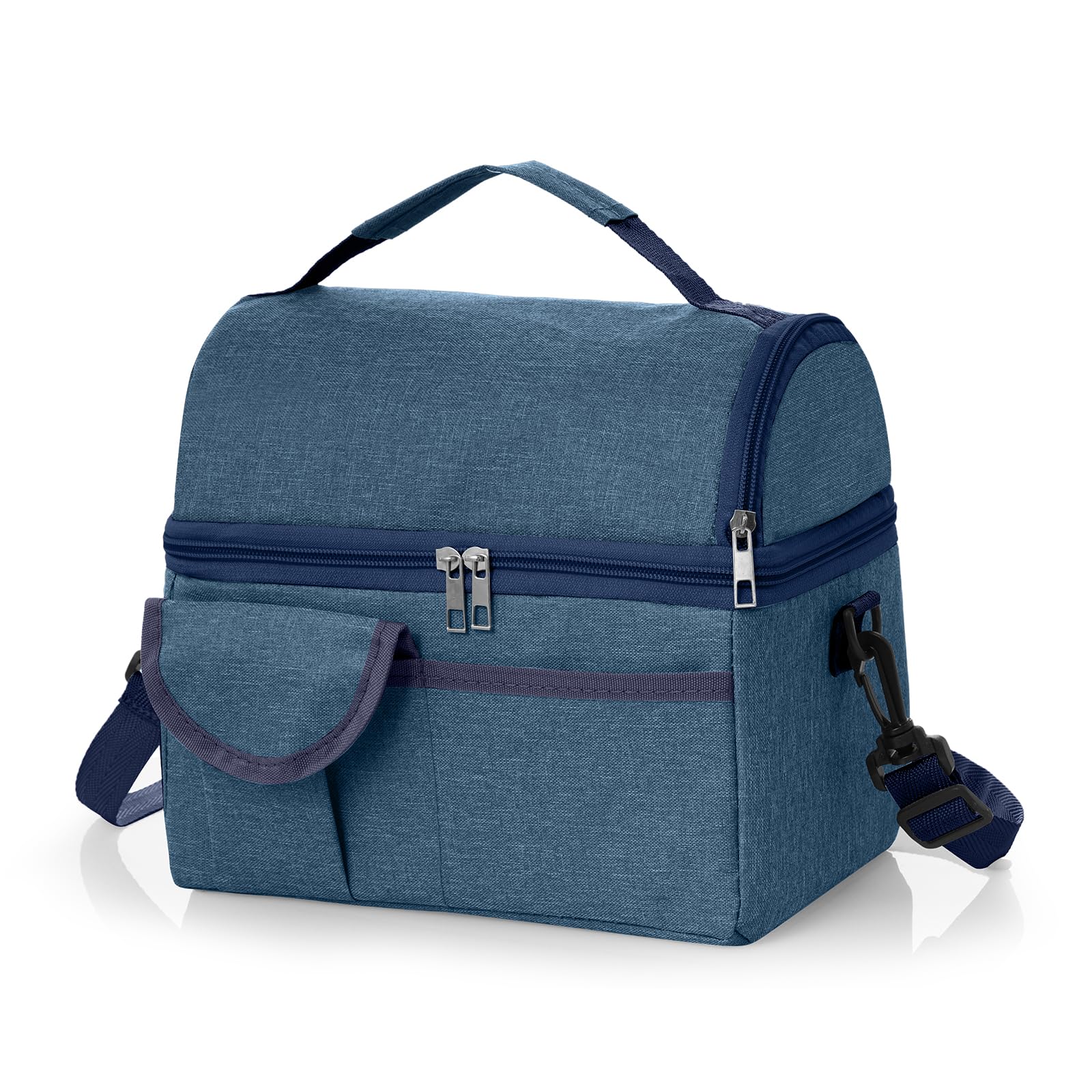Lkw Ogechi Double Layer Insulated Lunch Bag with Adjustable Shoulder Strap and Drink Compartments for Women Men, 8.4L Thermal Cooler Bag for Work School Picnic Travel (Navy Blue)