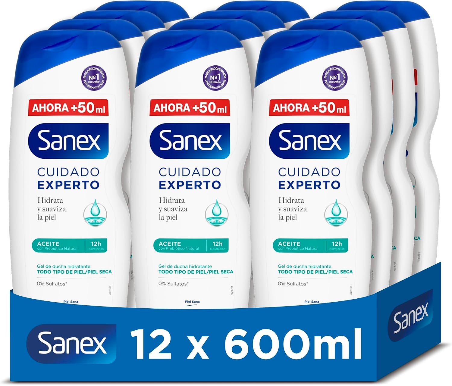 Sanex Cuidado Experto Aceite Gel de Ducha, Pack 12 Uds x 600ml, Gel de Baño para Piel Seca, Limpia Suavemente, Hidrata y Suaviza la Piel, Complejo Prebiótico y Postbiótico, 12 Horas de Hidratación