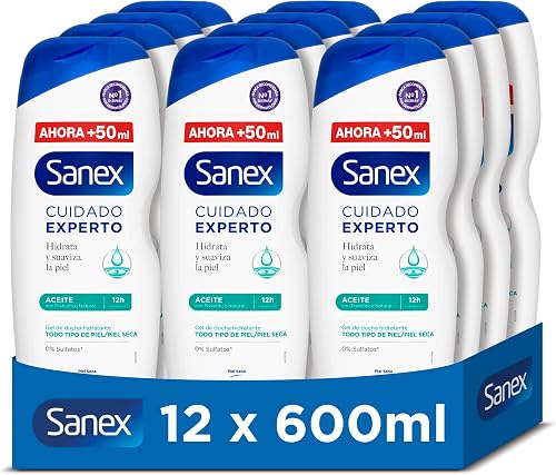 Sanex Cuidado Experto Aceite Gel de Ducha, Pack 12 Uds x 600ml, Gel de Baño para