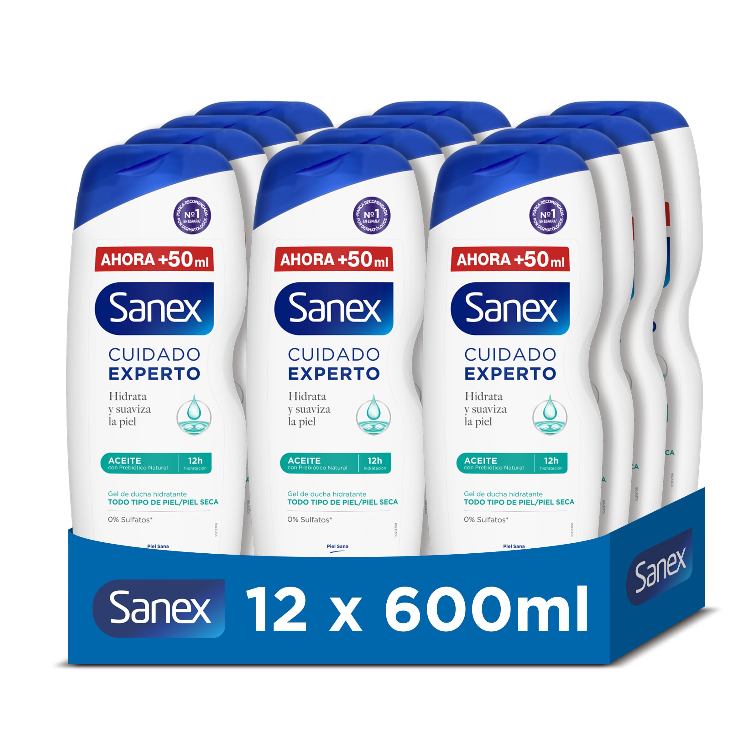 Sanex Expert Care Shower Gel Oil, Pack of 12 x 600 ml, Bath Gel for Dry | Gel for Dry Skin, Prebiotic & Postbiotic Complex, Gently Cleanses and Moisturizes, 12 Hour Hydration, 0% Sulfates