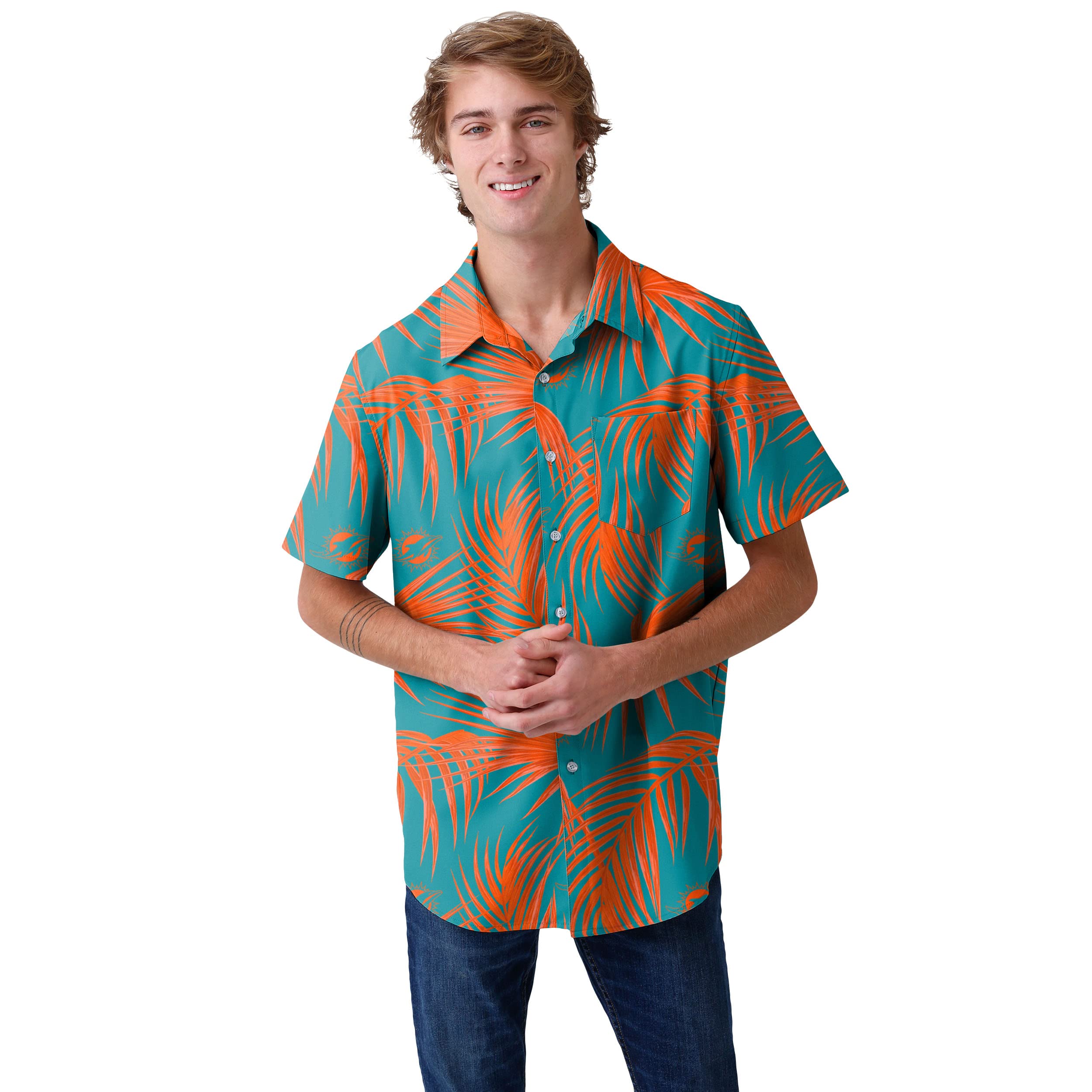 FOCO Miami Dolphins NFL - Camisa Hawaiana con Botones para Hombre, Talla XXL