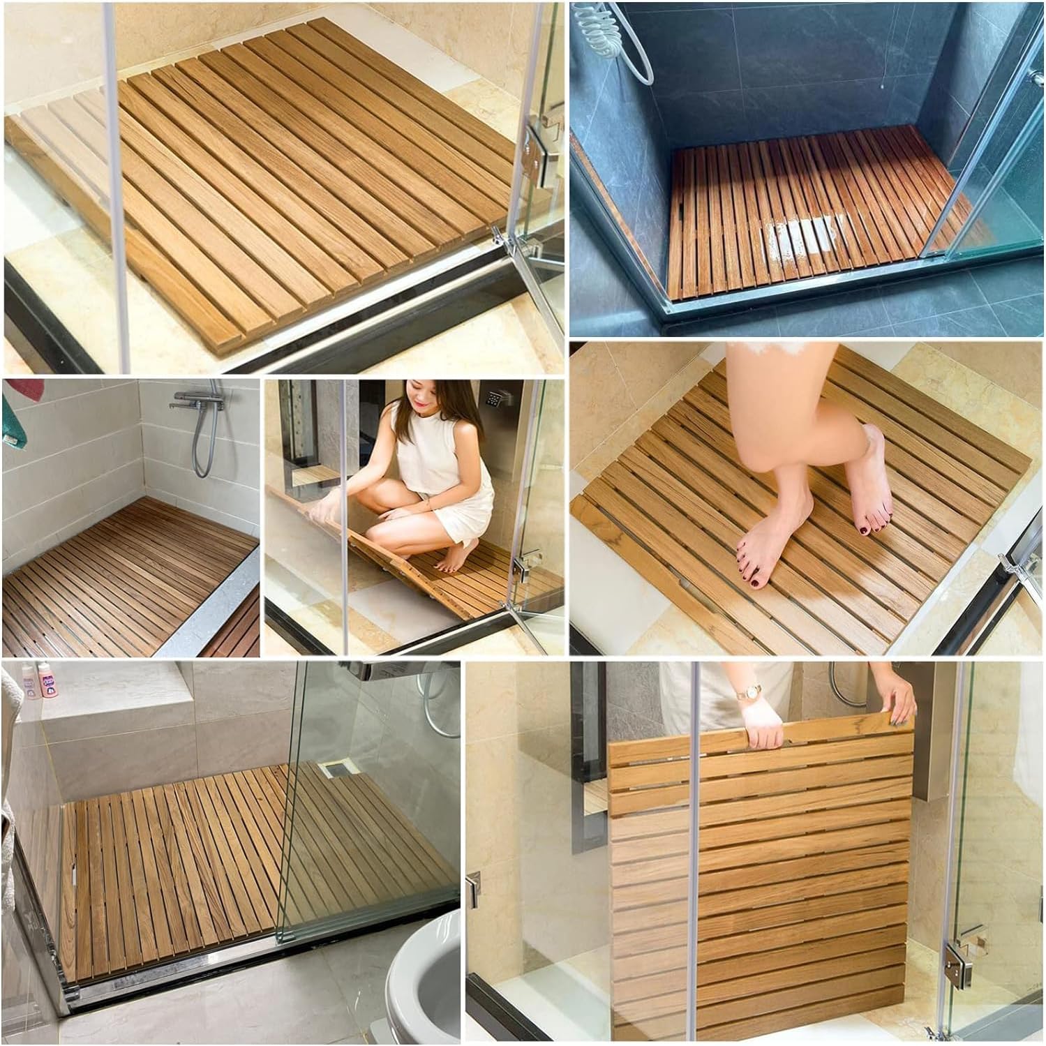 Tappetino da bagno antiscivolo in legno di teak per adulti anziani comodo tappetino da doccia 70 x 70 cm per pavimento del bagno superficie antiscivolo piattaforma di sicurezza per anziani
