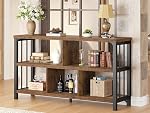 IBF Farmhouse 3 Tier Open Book Shelf, Wood and Metal 5 Cube Storage Organizer, Modern Low Horizontal Bookshelf for Bedroom Living, Long Wide Office Cubby Bookcase with Storage, Rustic Brown, 47 Inch