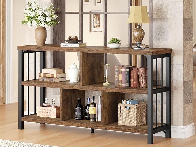 IBF Farmhouse 3 Tier Open Book Shelf, Wood and Metal 5 Cube Storage Organizer, Modern Low Horizontal Bookshelf for Bedroom Living, Long Wide Office Cubby Bookcase with Storage, Rustic Brown, 47 Inch