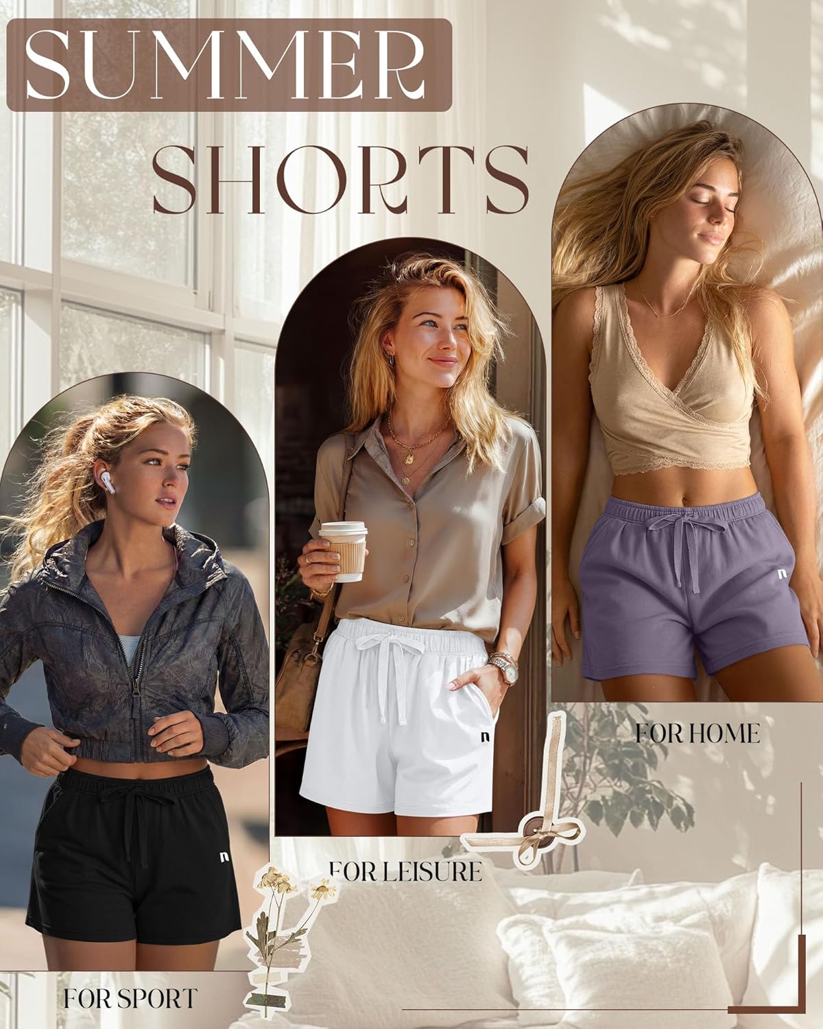 Neer 3 Pack Women's Sweat Shorts, Summer Drawstring Shorts with Pocket Loose Athletic Lounge Casual Running Bottoms