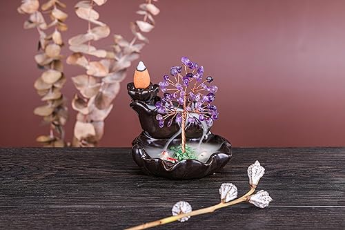 Miniatura 2 de Jovivi Soporte de incienso de reflujo con árbol de cristal de amatista, quemador de incienso en cascada, juego de soporte de incienso de cerámica de