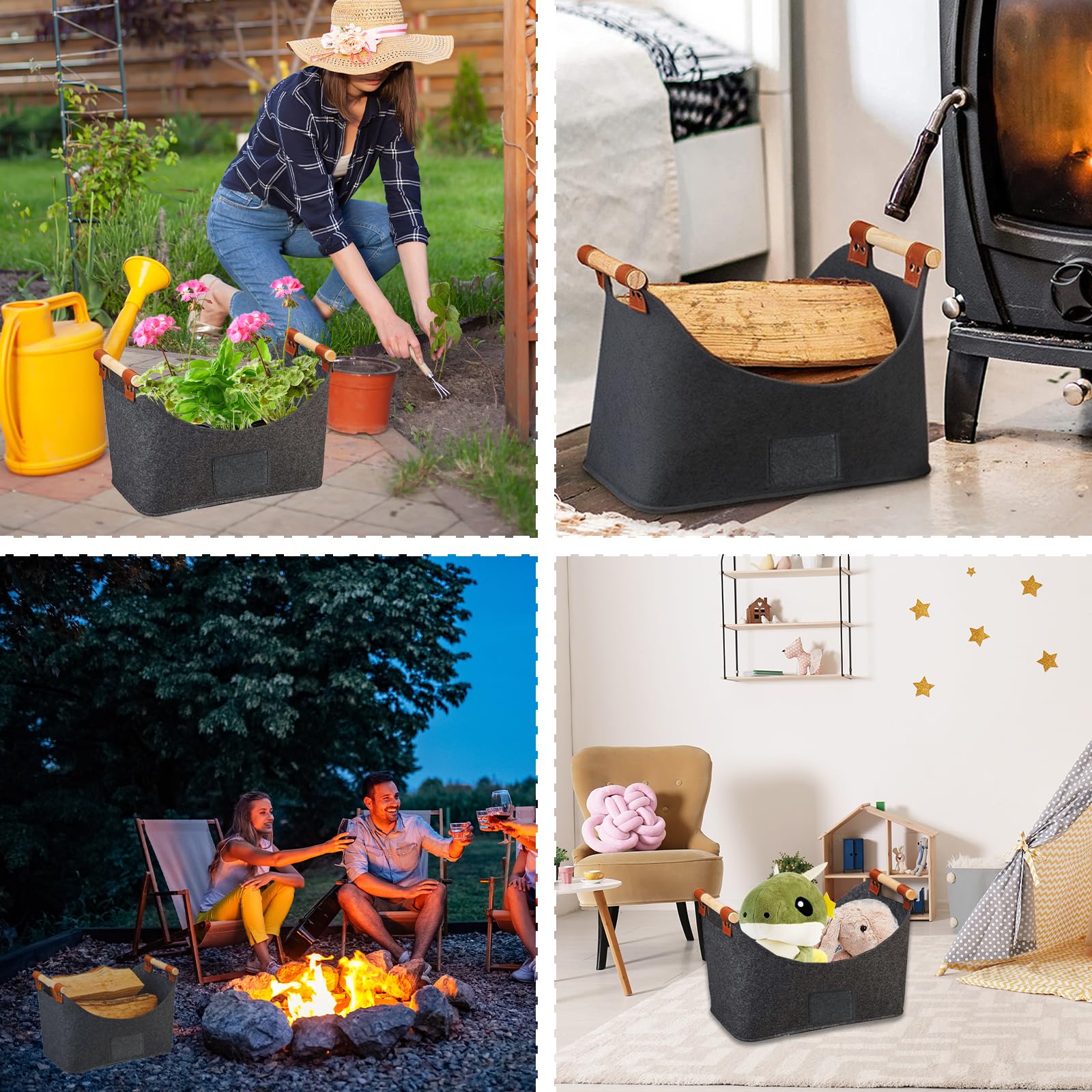 2-Pack Felt Firewood Baskets with Wooden Handles, 57L Foldable Log Holder for Indoor/Outdoor Fireplace - Image 4