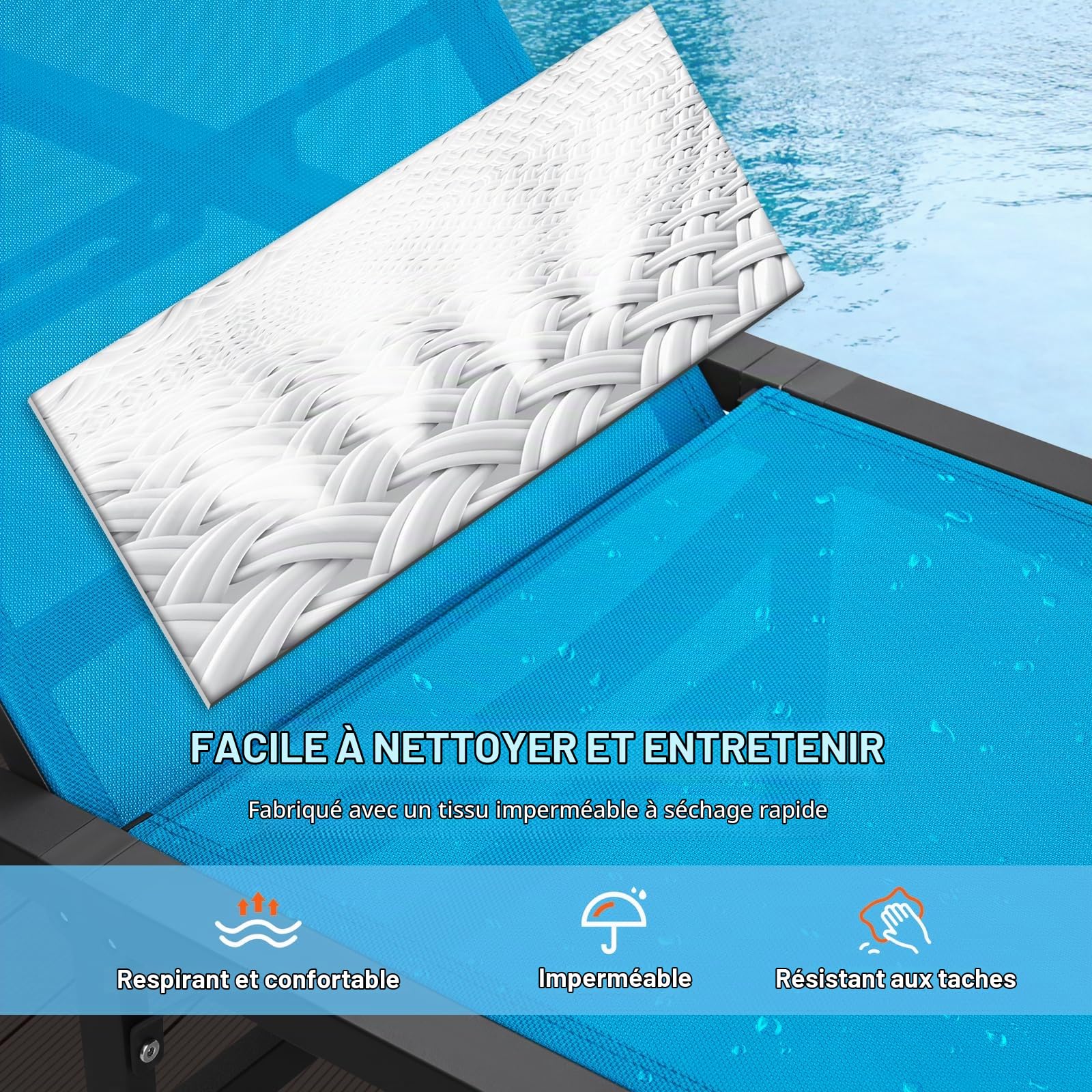 VEVOR Chaise Longue Jardin extérieur, transat de Patio Pliable Aluminium avec 5 Positions réglables, Chaise inclinable de Bronzage entièrement Plate pour terrasse, Plage, Piscine, en Plein air, Bleu