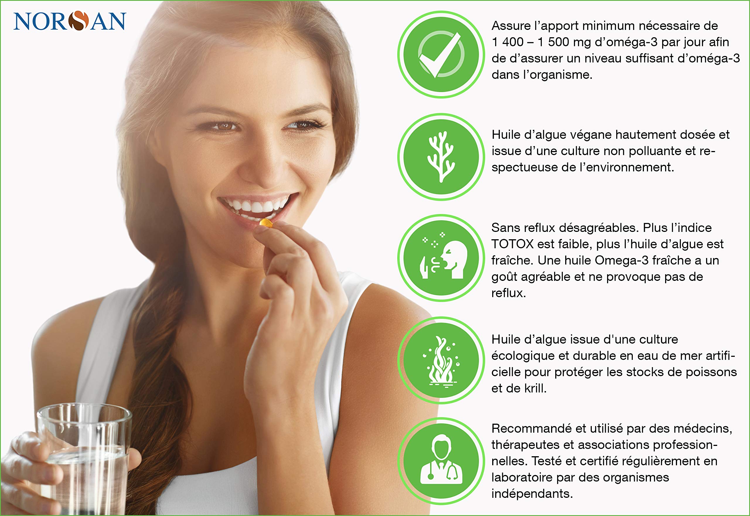 NORSAN Premium omega 3 vegan capsules 80 pièces / 1.700mg oméga 3 par dose journalière / omega3 végétalien avec 420 mg d'EPA & 840mg de DHA/vegan omega 3 issu de l'agriculture durable | 1 700 mg Omega 3 EPA DHA à partir d'algues - Sans reflux - Algues dur