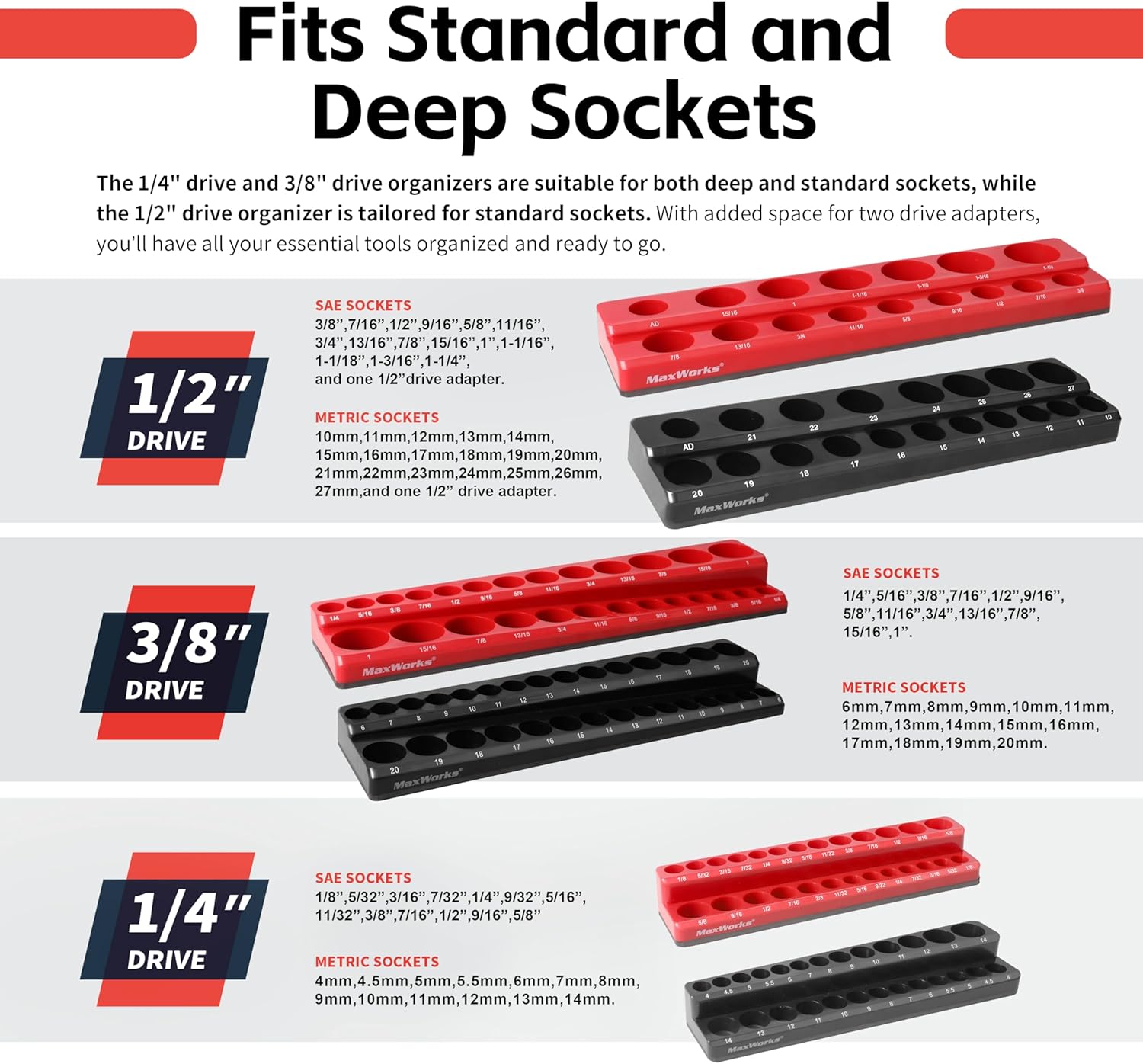 MaxWorks 6-Piece Magnetic Socket Organizer Set SAE & Metric 1/4" 3/8" 1/2" Drive Holders with Strong Magnetic Base for Toolbox & Garage Storage 51080