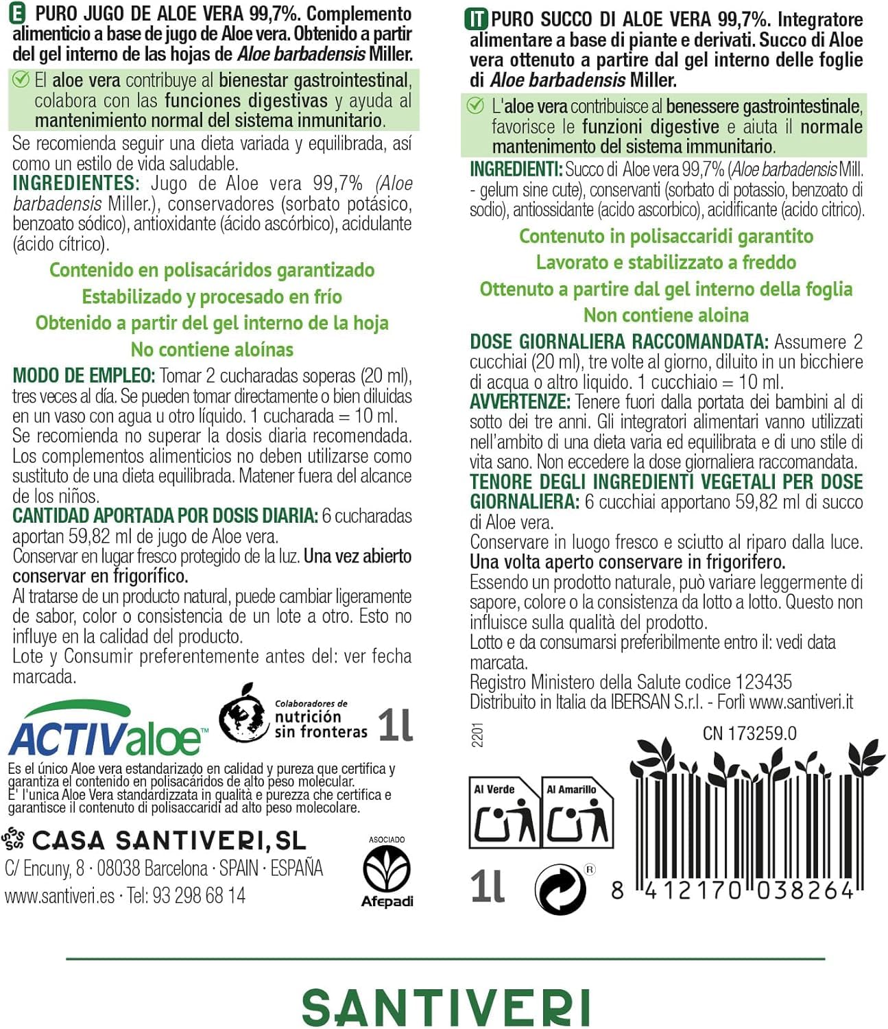 SANTIVERI - Aloe Vera Jugo, Complemento Alimenticio a Base de Jugo de Aloe Vera, Ayuda con el Bienestar Digestivo e Intestinal, Sin Gluten, Vegano - Pack de 2 x 1 L