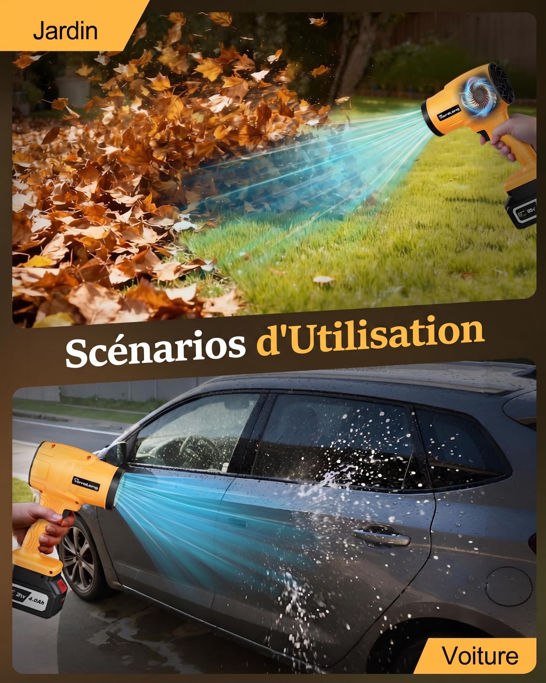 Soffiatore a Batteria 21V, 2x Batterie 4,0 Ah, 765 m³/h | 800,000 RPM Motore Brushless, 234 KM/h (65 m/s), 2 Ugelli, Velocità Variabile in Continuo per Giardino, Terrazza