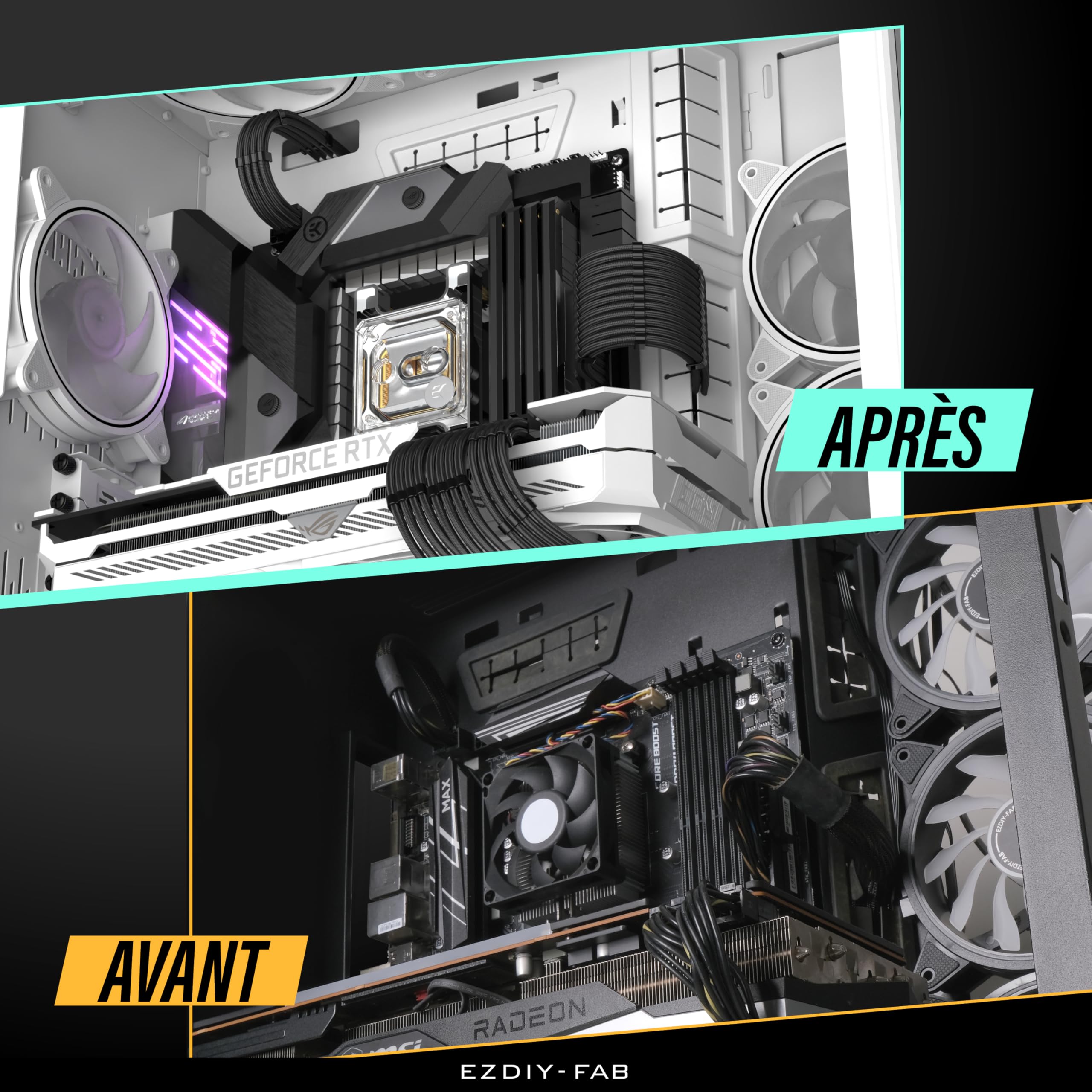 EZDIY-FAB Kit d'extension de câble PSU, câble d'extension d'alimentation 16AWG, 1x24Pin/2x4+4 EPS/3x6+2 PCI-E,Câble de gaine PC personnalisé 300MM avec peignes-Noir