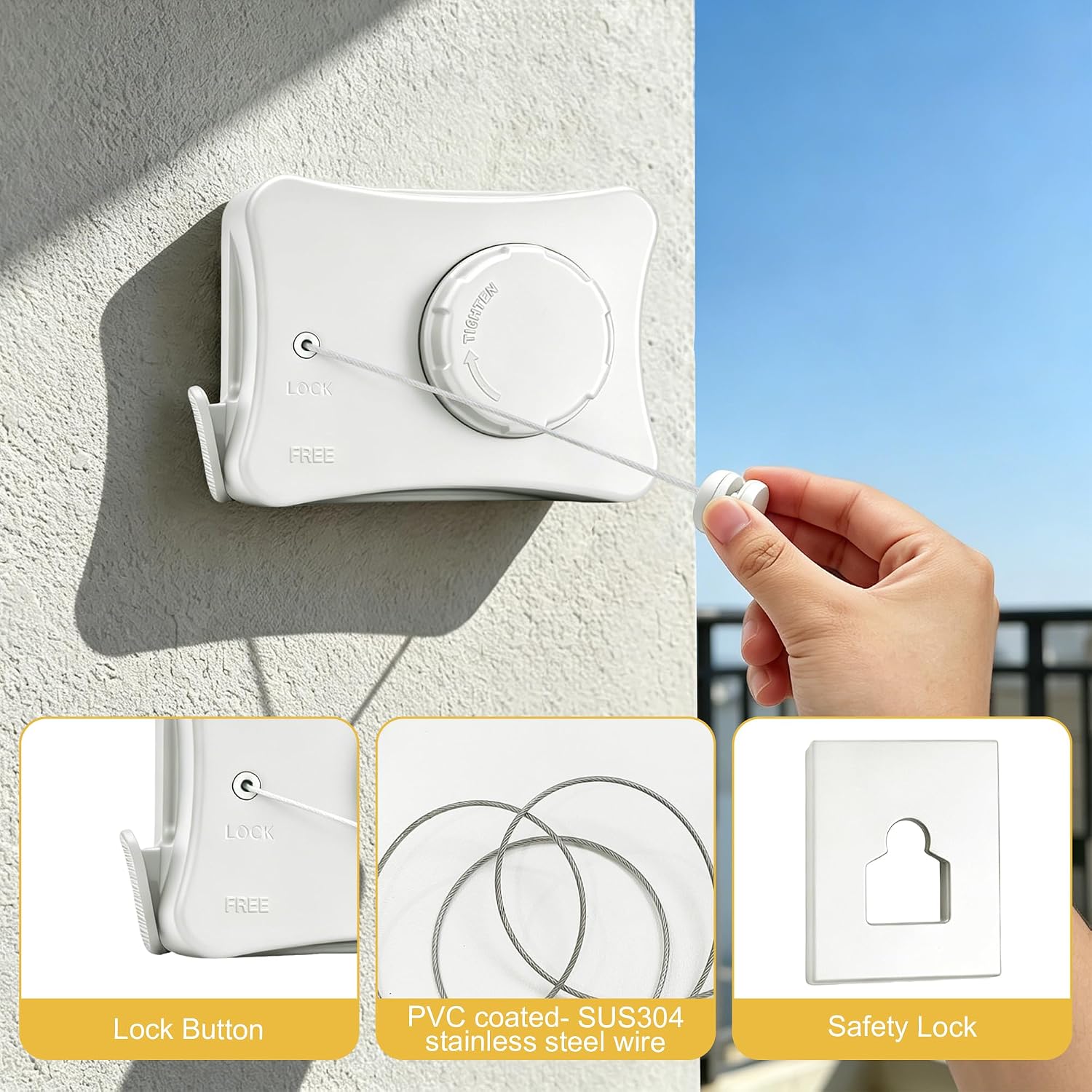 Retractable Clothesline Indoor & Outdoor, 16.7 Ft Stainless Steel Wire Clothes Lines, Hanging Clothes line for Balcony,Courtyards(Rectangle-White)