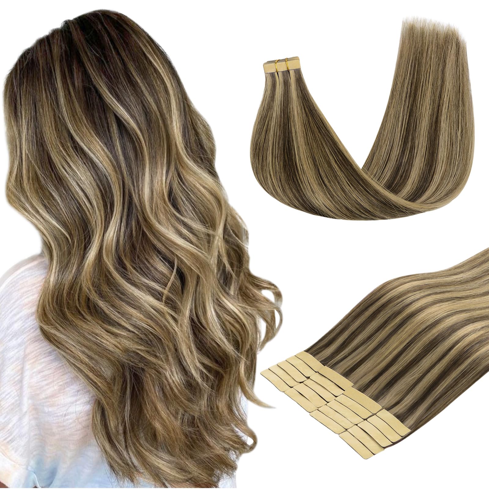 DOORES Tape in Hair Extensions Real Human Hair, Chocolate Brown Highlight Caramel Blonde 20pcs 50g 20 Inch, Tape in Human Hair Extensions Long