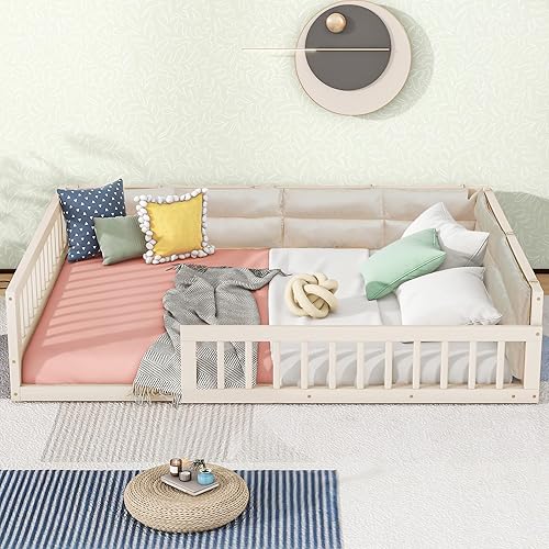 Miniatura 13 de LZ LEISURE ZONE Cama de plataforma de tamaño individual con valla, marco de cama de piso de madera maciza con puerta, marco de sofá cama tamaño