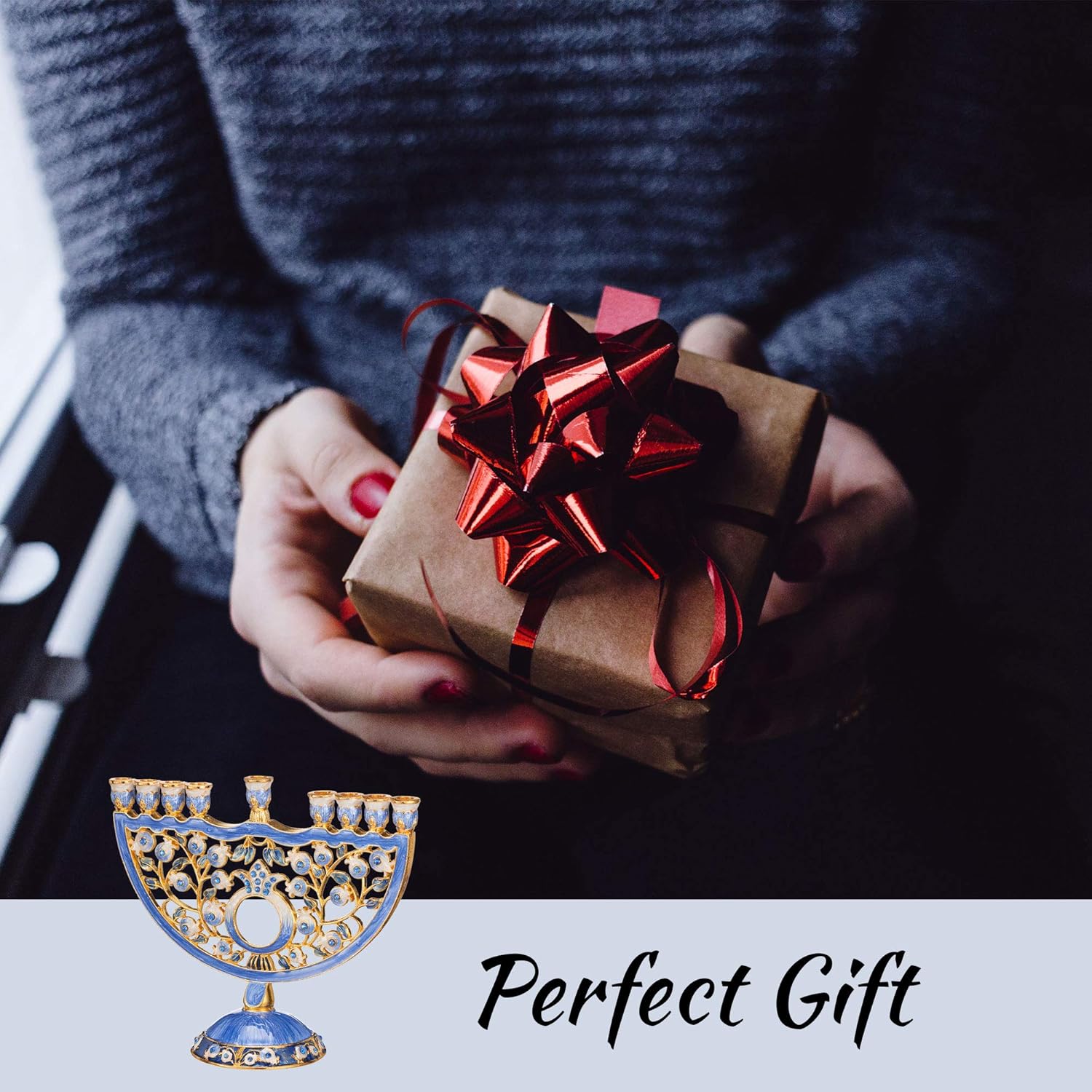 Matashi Hand Painted Blue Enamel Pomegranate Design Menorah Candelabra Embellished with Gold Accents and Crystals Jewish Candle Holder Hanukkah Gift Housewarming Showpiece for Living Room