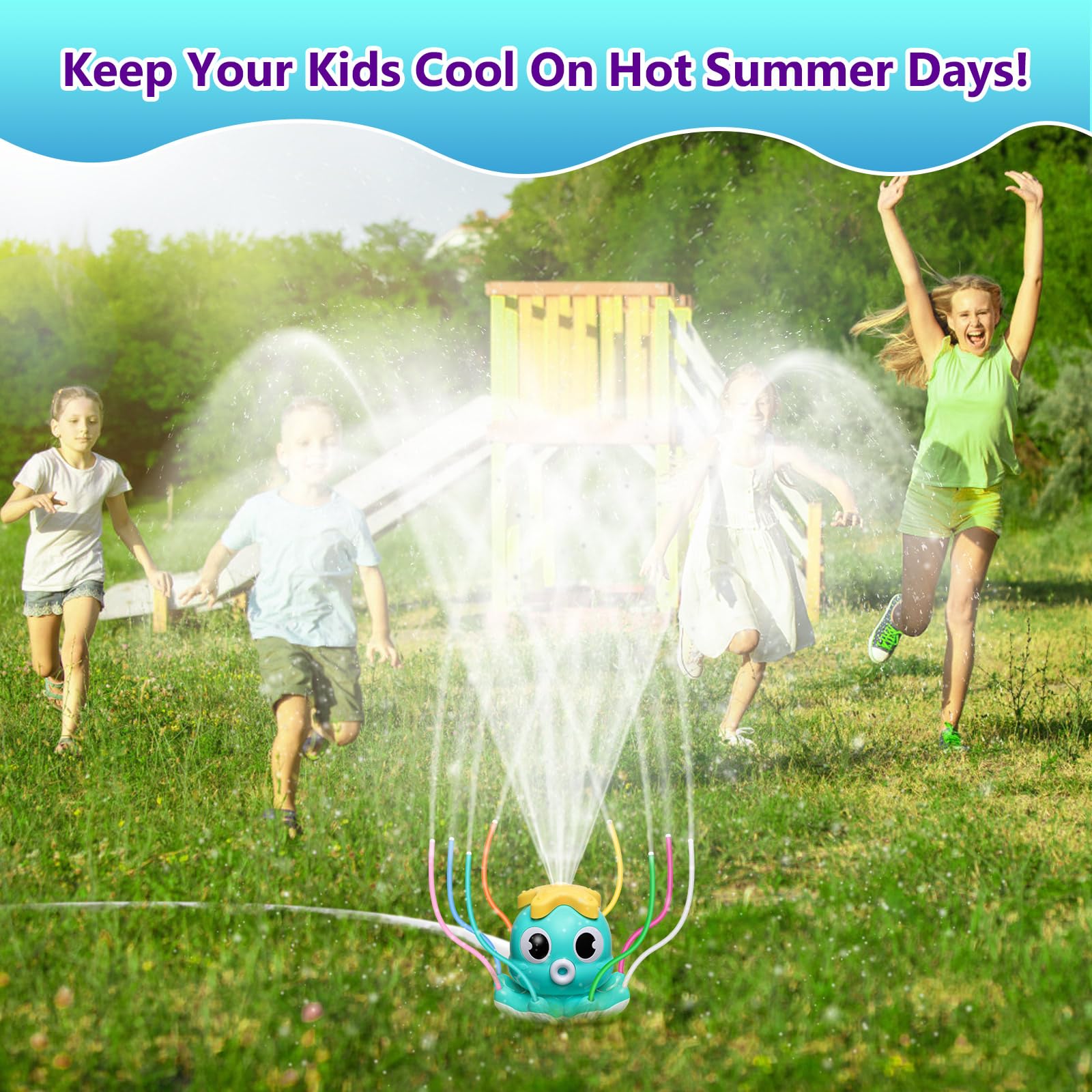 MoKo Spruzzatore d'Acqua per Bambini - Simpatico Irrigatore con 8 Tubi Flessibili, Spruzzatore d’Acqua Estate, Giocattoli per Giardino, Cortile, Prato, Spruzzi e Divertimento per Bambini, Blu Chiaro