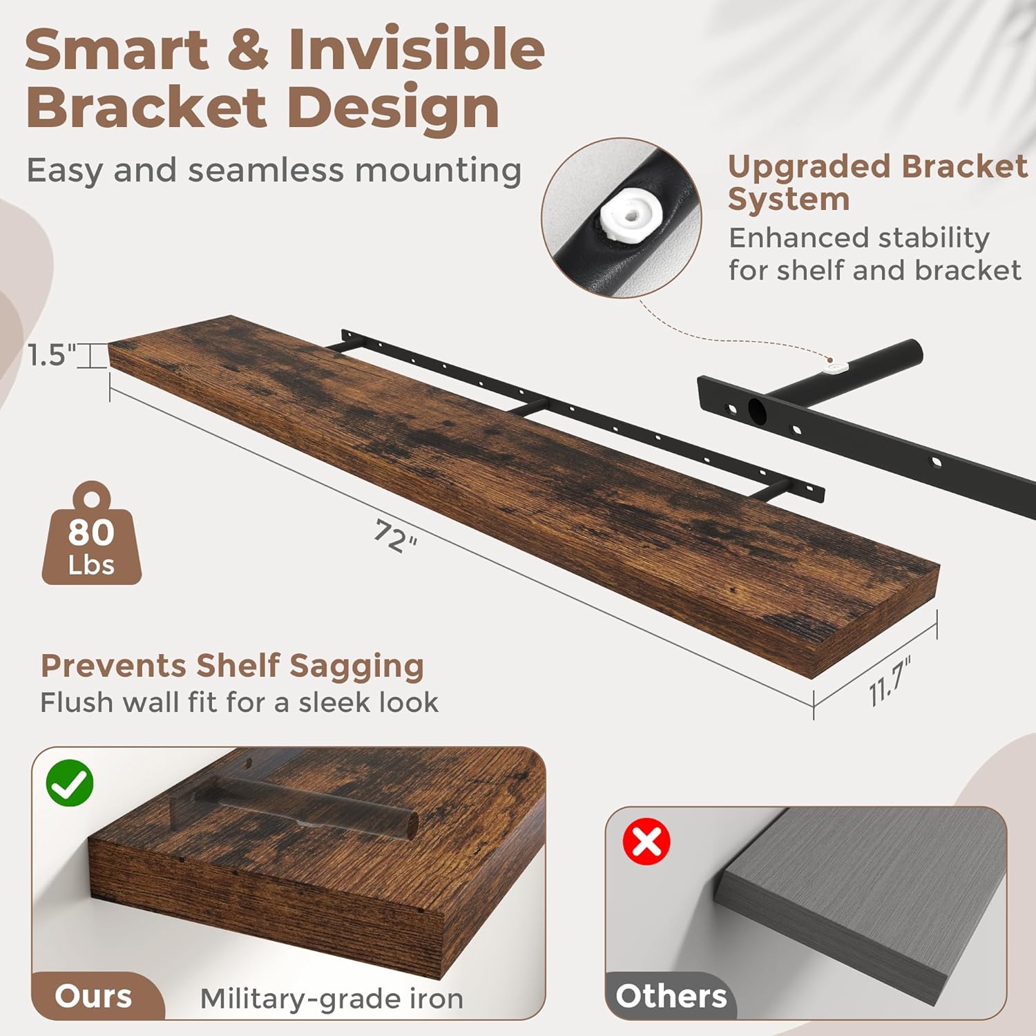 Floating Shelves for Wall with Invisible Brackets, Wall Mounted Engineered Wood Shelves with Wood Grain for Living Room, Bathroom, Kitchen Decor and Storage, Oak, 71"L Set of 2, Rustic Brown