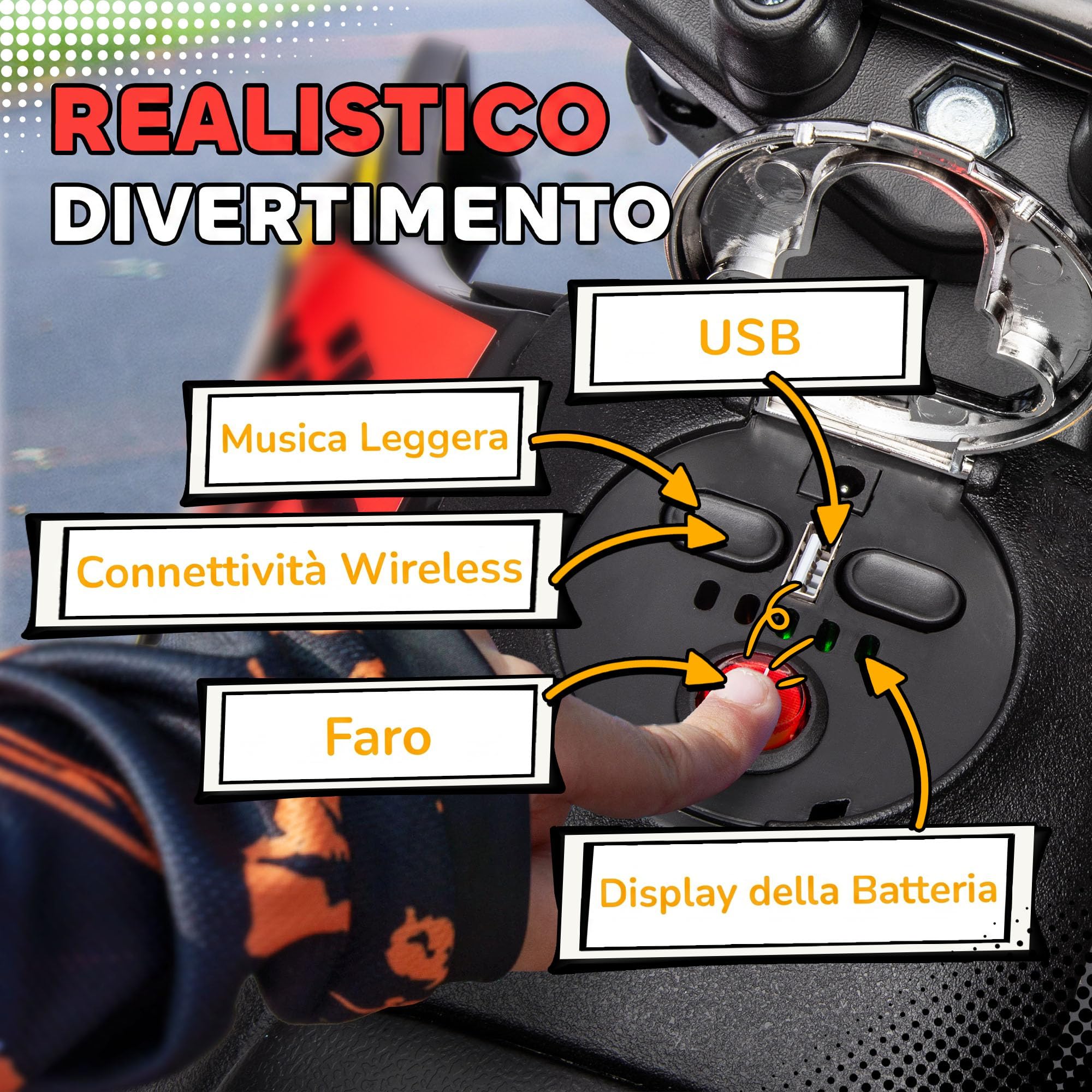 AIYAPLAY 12V APRILIA Moto Elettrica per Bambini 37-96 Mesi, Giallo | Doppi Motori, Motorino Elettrico, Rotelle di Supporto Rimovibili, Fari, Porta USB e Musiche, 6 km/h, Capacità 30kg