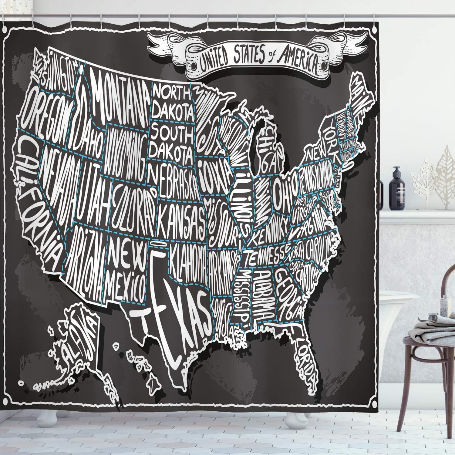 Ambesonne USA Map Shower Curtain, American Towns Calligraphy Style City Geography National Print, Cloth Fabric Bathroom Decor Set with Hooks, 69" W x 75" L, Charcoal Grey