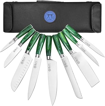 XYJ 9Pcs Japanese Style Professional Chef Knife Set with Bag, Stainless Steel Kitchen Knives with Pakkawood Handles, Includes Santoku, Nakiri, Slicing, Boning, Bread, Utility & Paring Knives