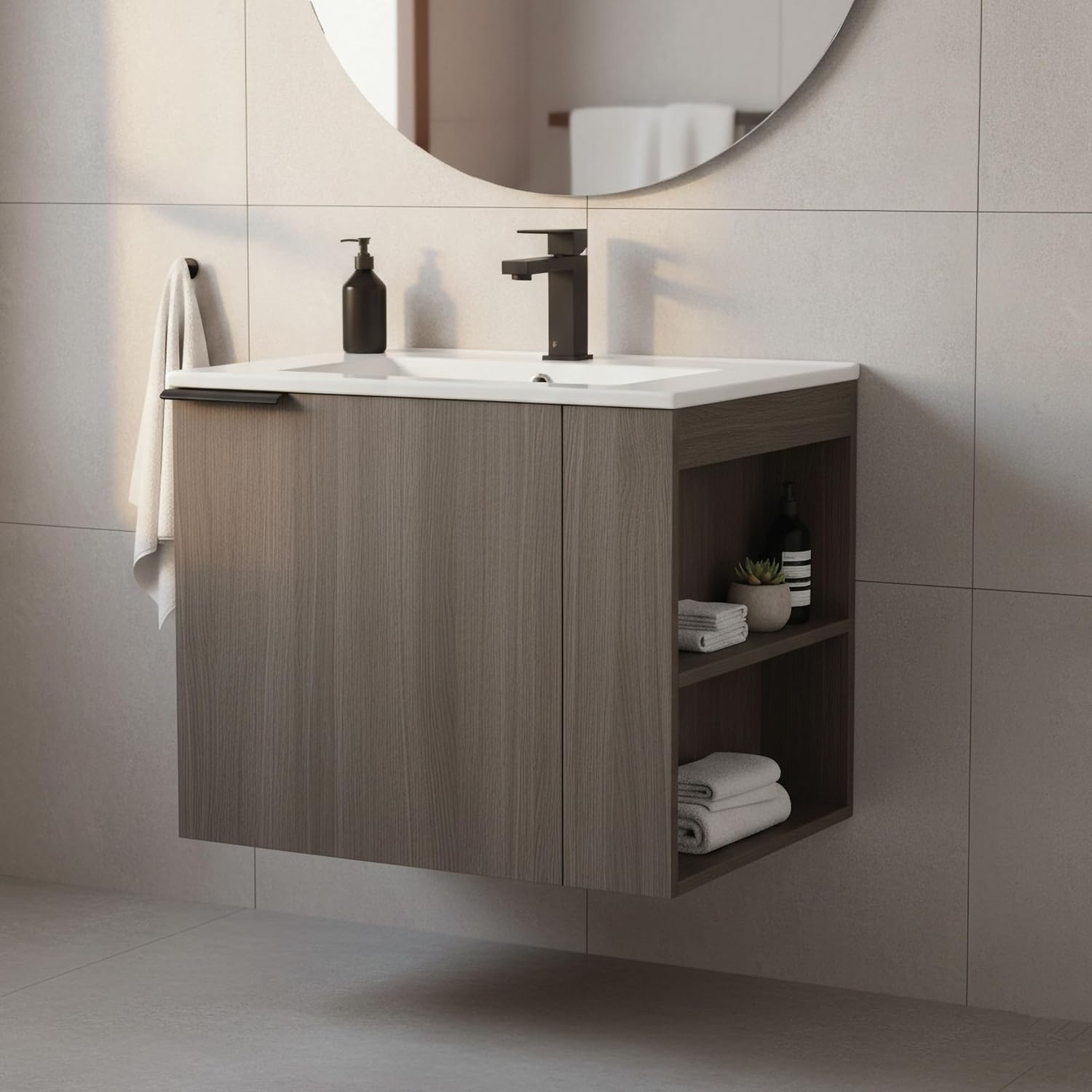 Fine Fixtures 24 Inch Elmridge Modern Bathroom Vanity with White Ceramic Sink, Gray Oak - Bathroom Storage Cabinet with Open Right Shelves, Vanity Cabinet for Bathroom Organizers and Storage