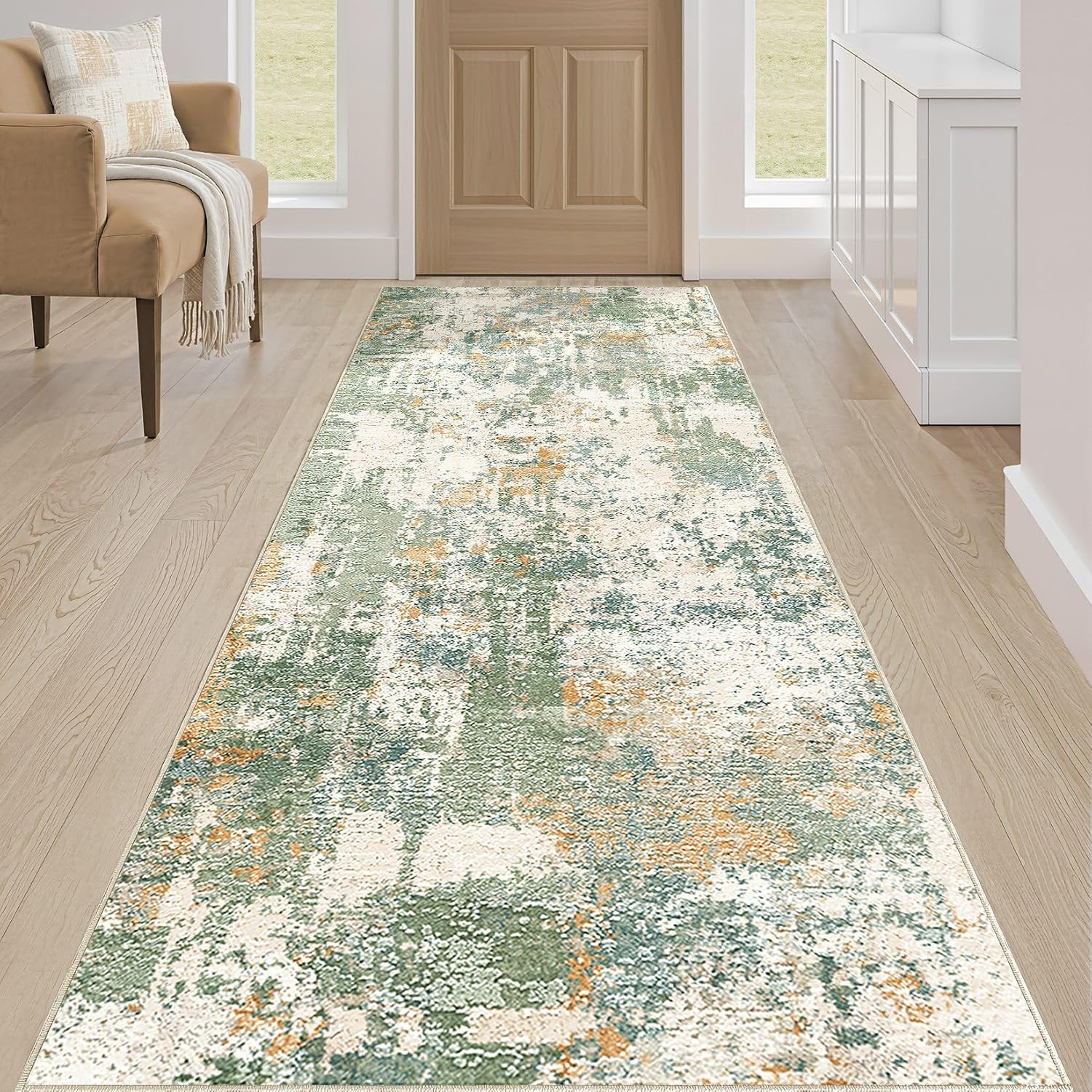 Runner Rug Kitchen Washable Rugs: 2x5 Non-Slip Abstract Soft Modern Stain Resistant Indoor Floor Neutral Accent Throw Carpet for Hallway Bathroom Laundry Room Entryway Bedroom- Green thumbnail