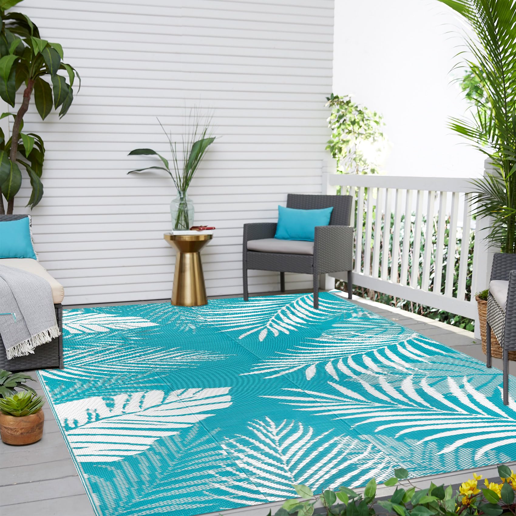 Cekene Outdoor Rugs for Patios Waterproof 150x245cm Portable Camping Mat Rug Lightweight Plastic Garden Rugs Large Floor Rug for Garden Decking Picnic Backyard RV Trailer Blue