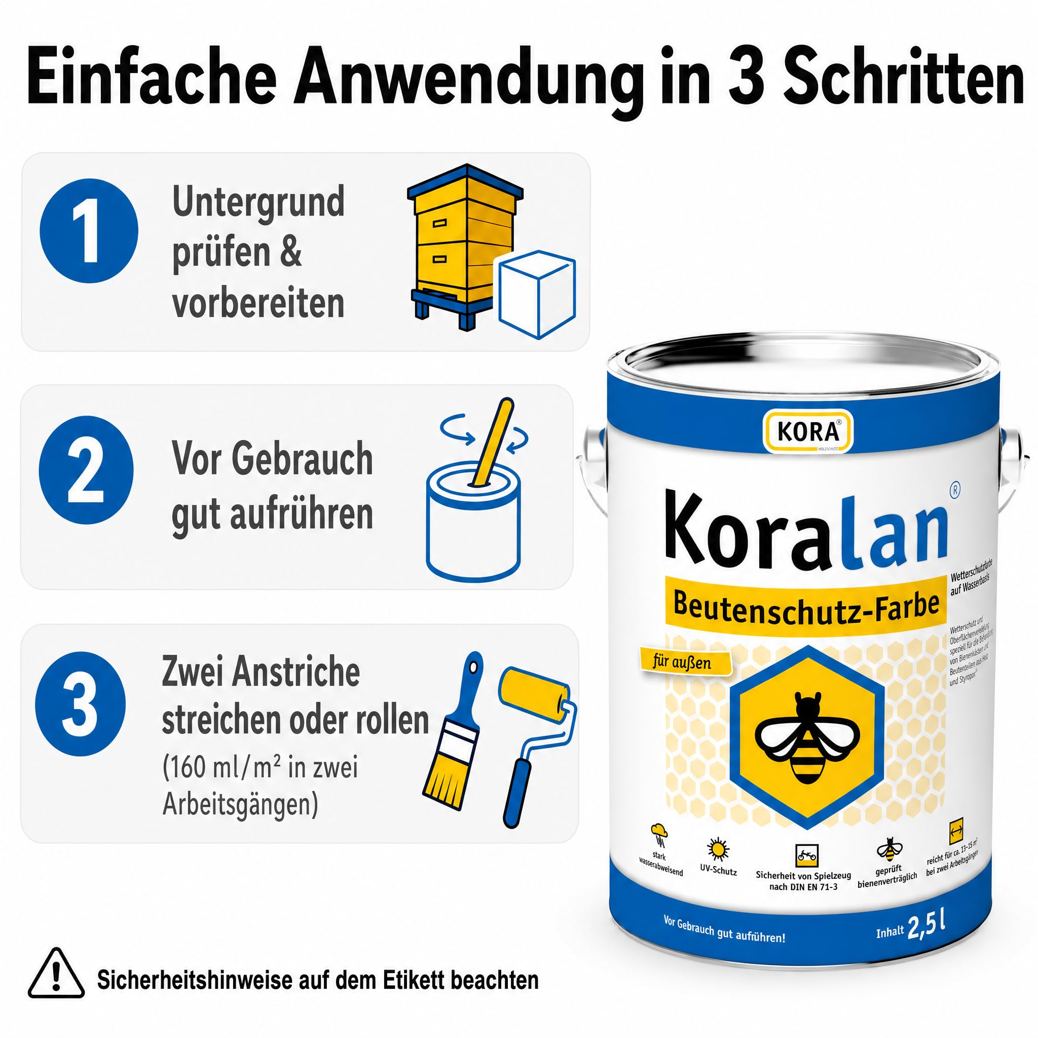 Koralan KORA Beutenschutz-Farbe für Bienenbeuten & Bienenkästen aus Holz & Styropor - wetterfeste Beutenfarbe, bienenverträglich, deckend, wasserbasiert & UV-beständig (Weiß, 2,5 Liter)