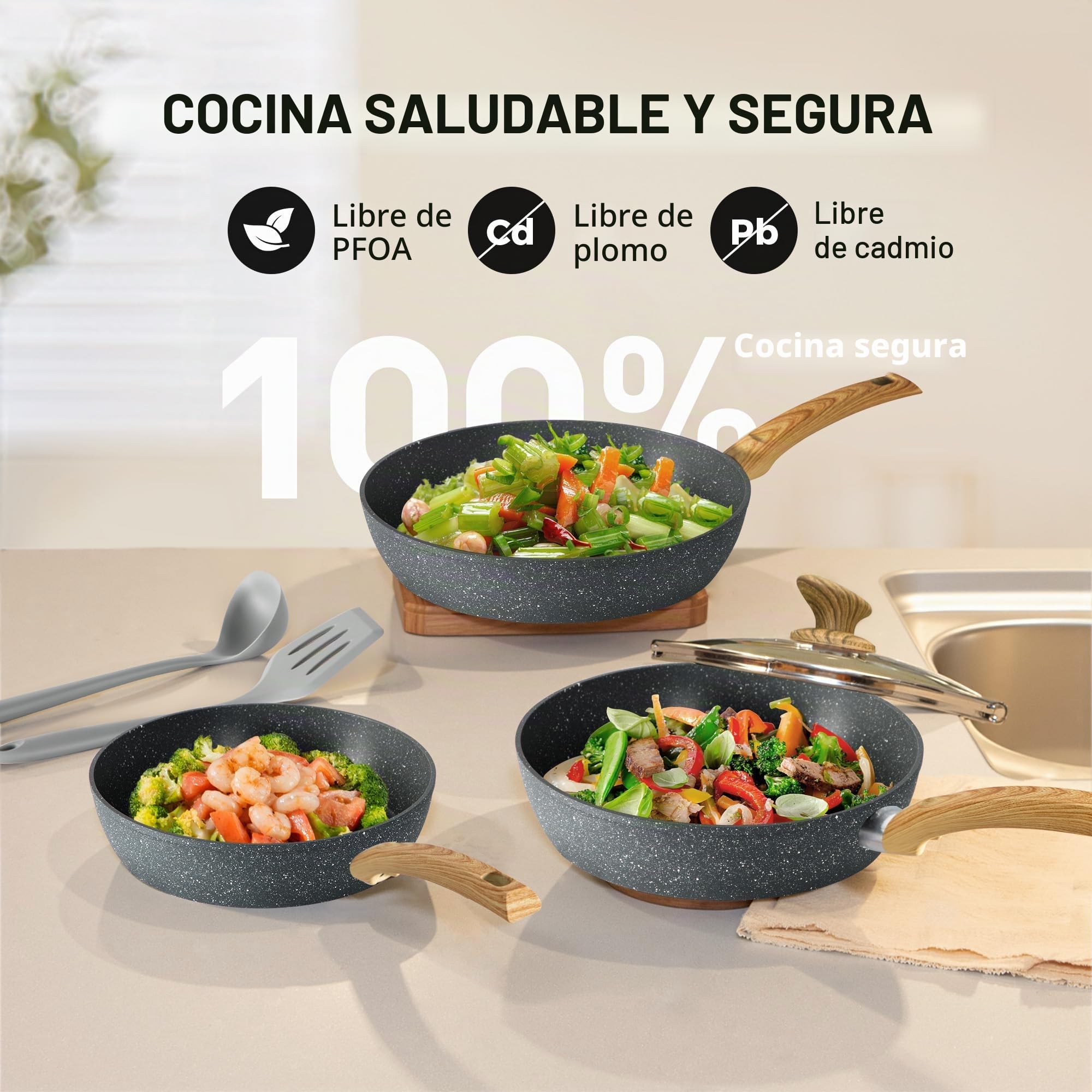 Kitchen Academy Juego de ollas y sartenes,12 piezas,revestimiento antiadherente,juego de utensilios de cocina con tapa, para inducción,cocinas de gas y microondas,color gris (KA-CS01-001)