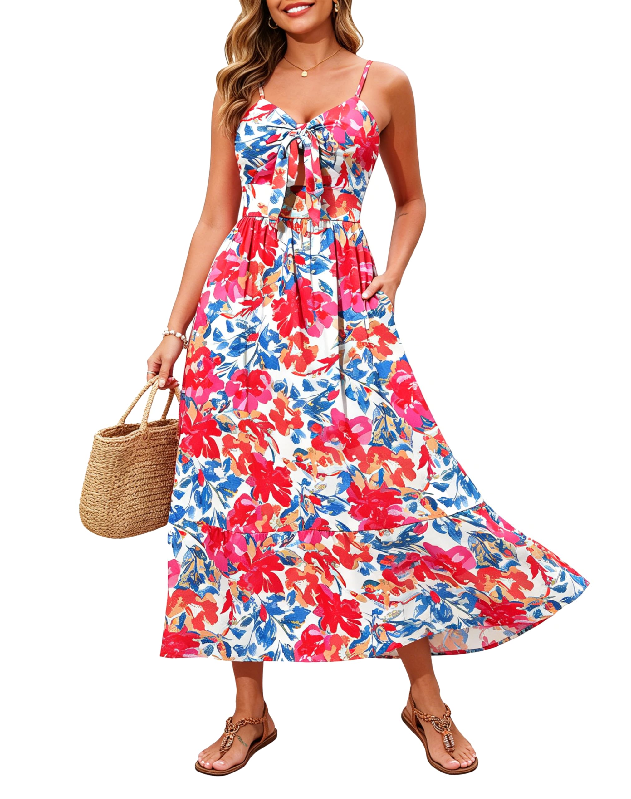 Kranda Women 2026 Summer Sundress High Waist Tie Front Spaghetti Strap Long Beach Floral Tiered Maxi Dress with Pockets