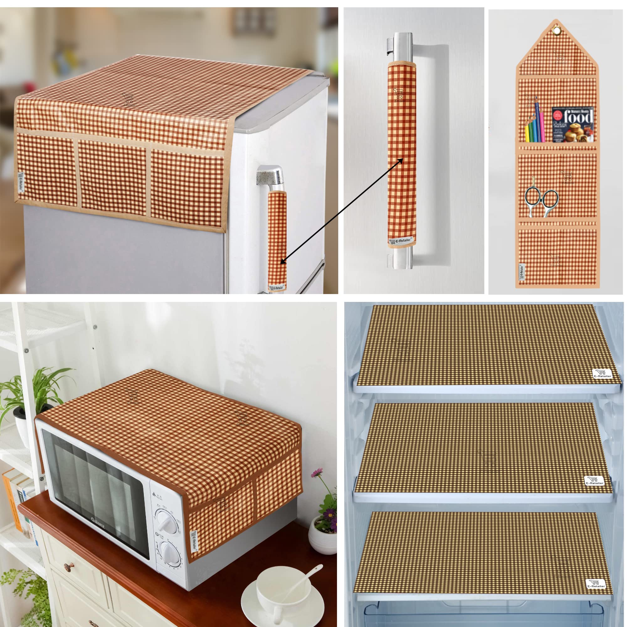 E-Retailer® Exclusive Combo Set of Appliance Cover (1Pc. of Refrigerator Top Cover, 1Pc. Handle Cover, 3Pc. Fridge Mat, 1. Oven Cover, 1Pc Wall Hanging Storage Organizer) (Check Brown, Set of 7Pcs.)