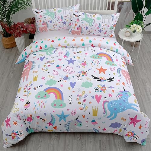 Miniatura 2 de Juego de funda de edredón de unicornio tamaño Queen, juego de funda de edredón arcoíris (3 piezas, 1 funda de edredón de 90 x 90 pulgadas y 2 fundas