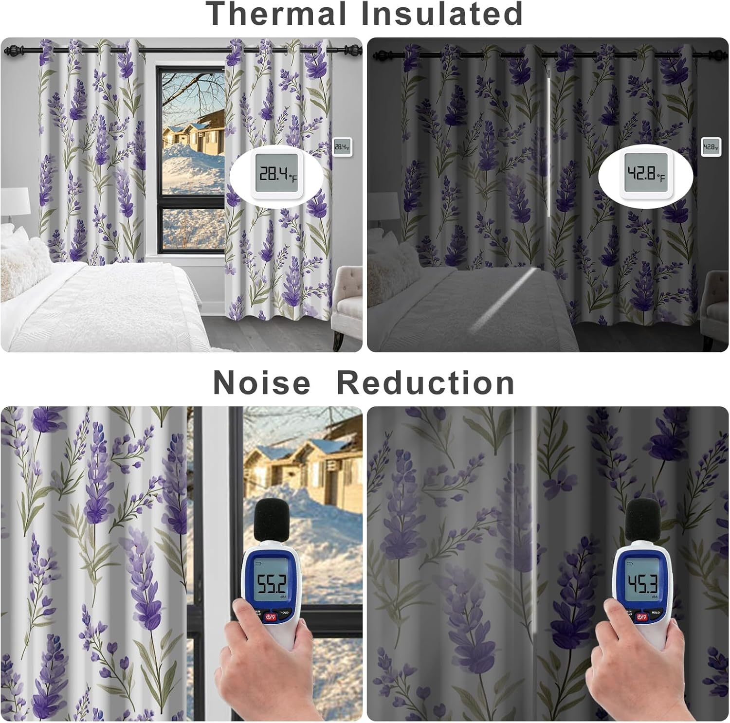 Lavender Printed Blackout Curtains for Bedroom and Living Room, Light Filtering Soundproof Drapes 84 Inch Length 2 Panels Set, Thermal Insulated Room Darkening Privacy Windows Curtains with Tiebacks