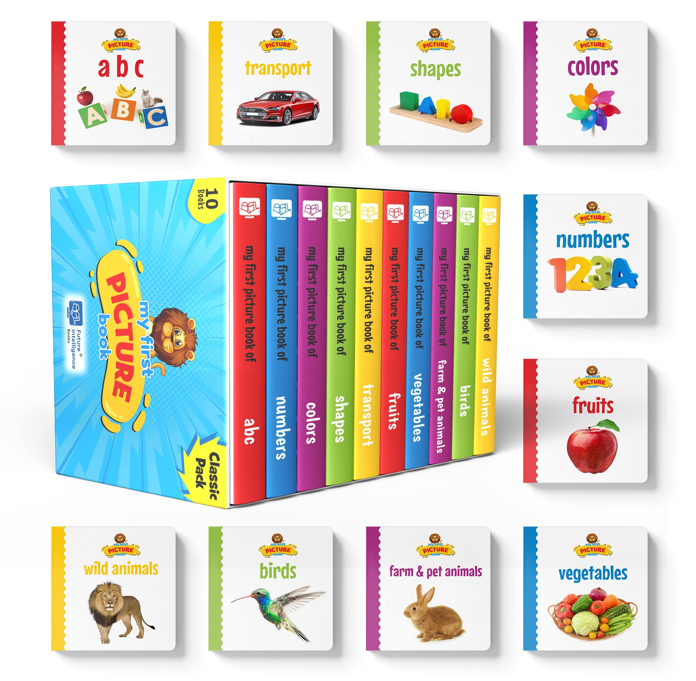 My First Library Picture Book Set for Kids | 10 Board Books: Alphabets, Numbers, Colors, Shapes, Transport, Animals, Birds, Fruits, Vegetables | Classic Learning Pack for Toddlers