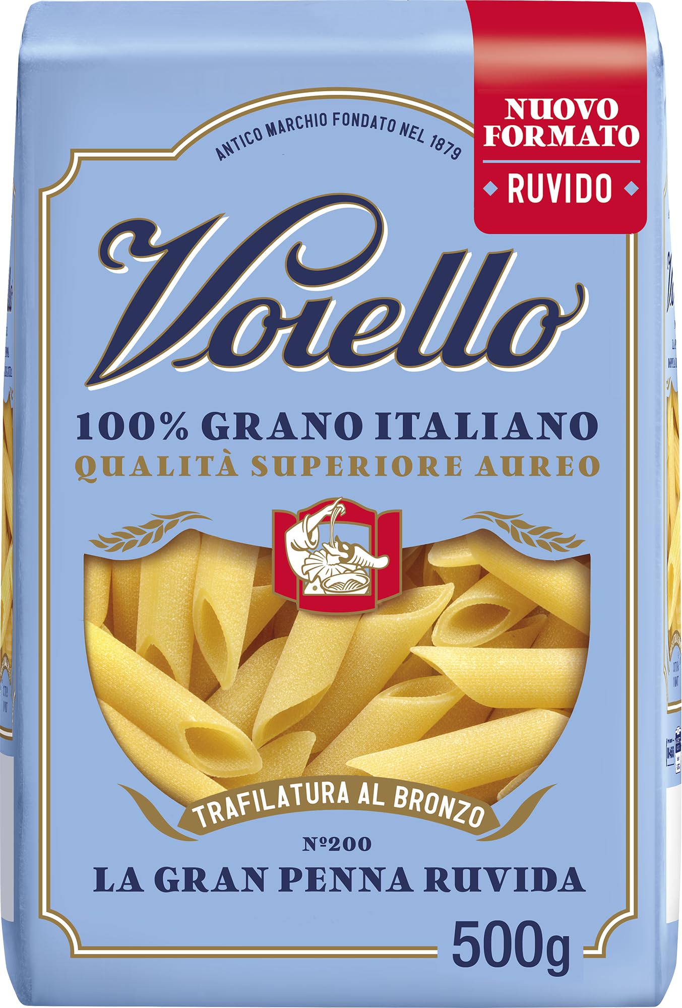 Barilla Voiello Pasta Gran Penna Ruvida N. 200, Pasta Corta Ruvida di Semola di Grano Aureo 100% Italiano, Pasta dalla Consistenza Robusta e Corposa, Cottura 14 min, 500 g