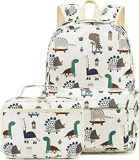LEDAOU Kids School Backpack with Lunch Box for Boy Kindergarten BookBag School Bag Preschool Kindergarten Toddler Backpack (Dinosaur Beige)
