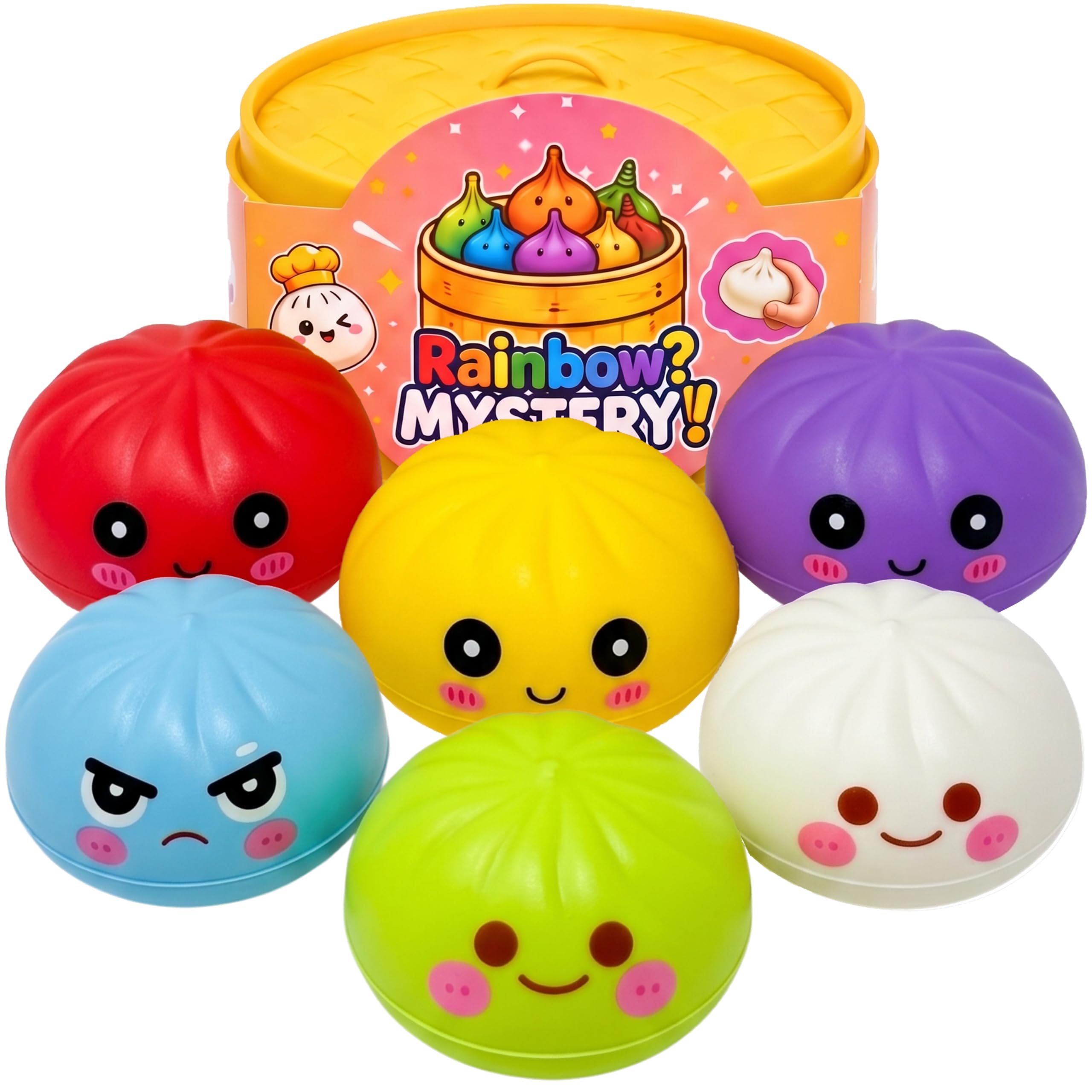 Colourful Dumpling Squishy Toys 8.5cm - 6x Random Foam Squishies Bao Bun with Plastic Steamer Box, Fidget Mystery Squeeze Toy, Reusable Basket, Kids Party Bag Gift Age 3+