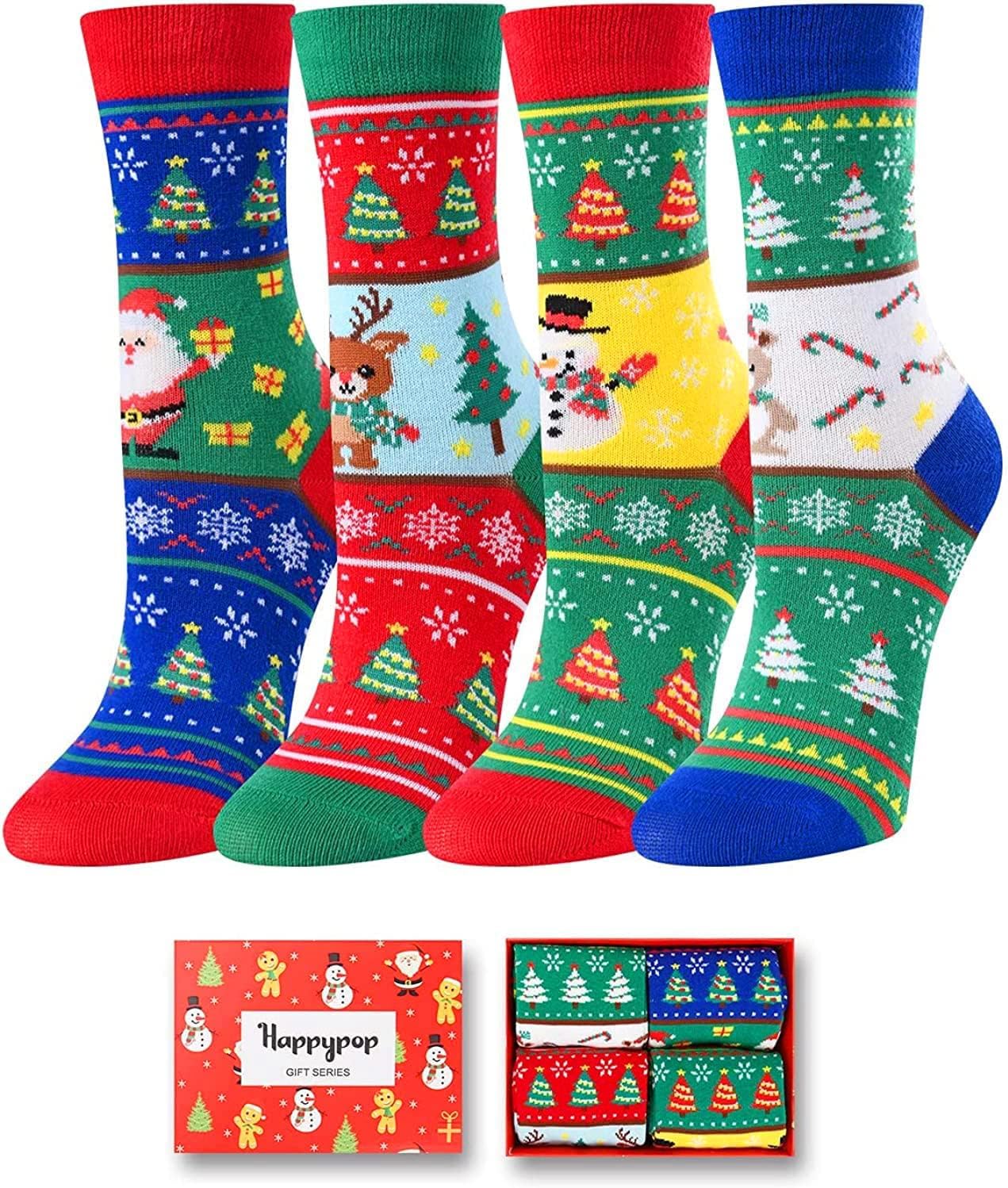HAPPYPOP Christmas Socks for Kids - Unisex Xmas Sock Gift Ideas for Teen Girls Boys 4 Pack