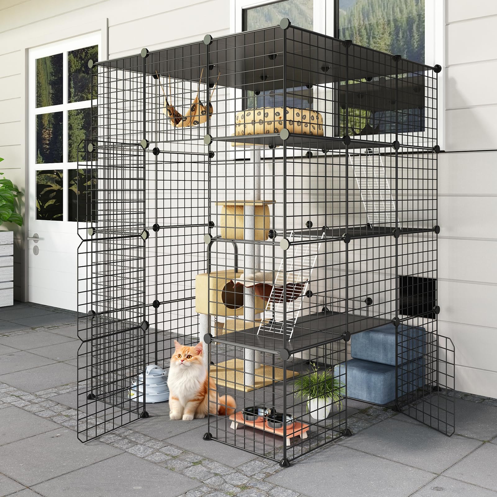 Oneluck Outdoor Cat House Catio Enclosure with Super Large Enter Door, 41L x 41W x55H Balcony Cage, Playpen with Platforms, DIY Kennels Crate Large Exercise Place Ideal for 1-3 Cats