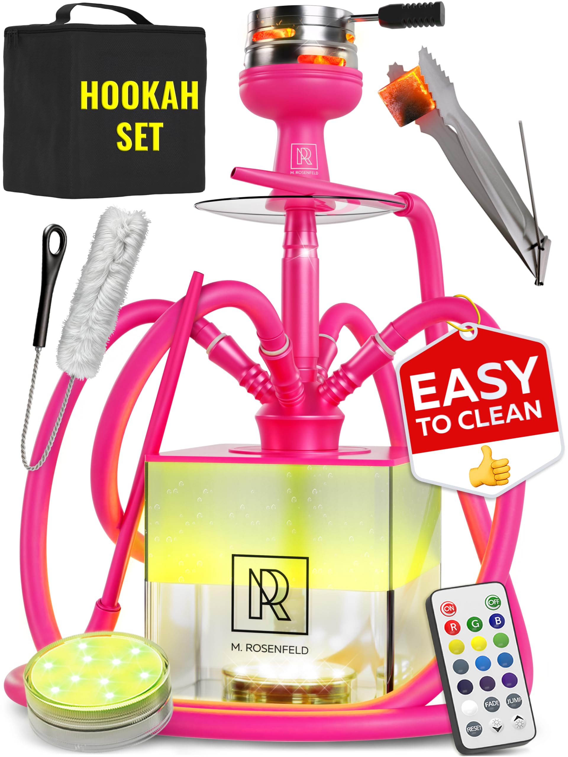 4 Hose Hookah Set with Everything – Pink Hookah 4 Hose Complete Kit with LED Light, Remote, Silicone Hoses, Acrylic Base, and Tongs – Big Hookah Set with Accessories – Premium Sisha Hooka