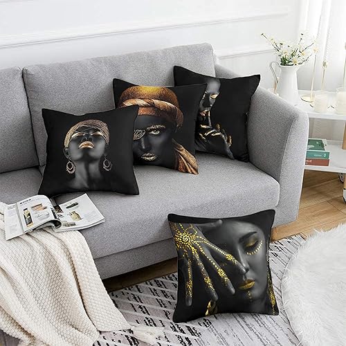 Miniatura 4 de Set of 4 African Woman Gold Pattern Square Cushion Cover - Pack 4 Dark Yellow Throw Pillowcase - Ethnic Themed Black Decorative Accent Pillow Cover