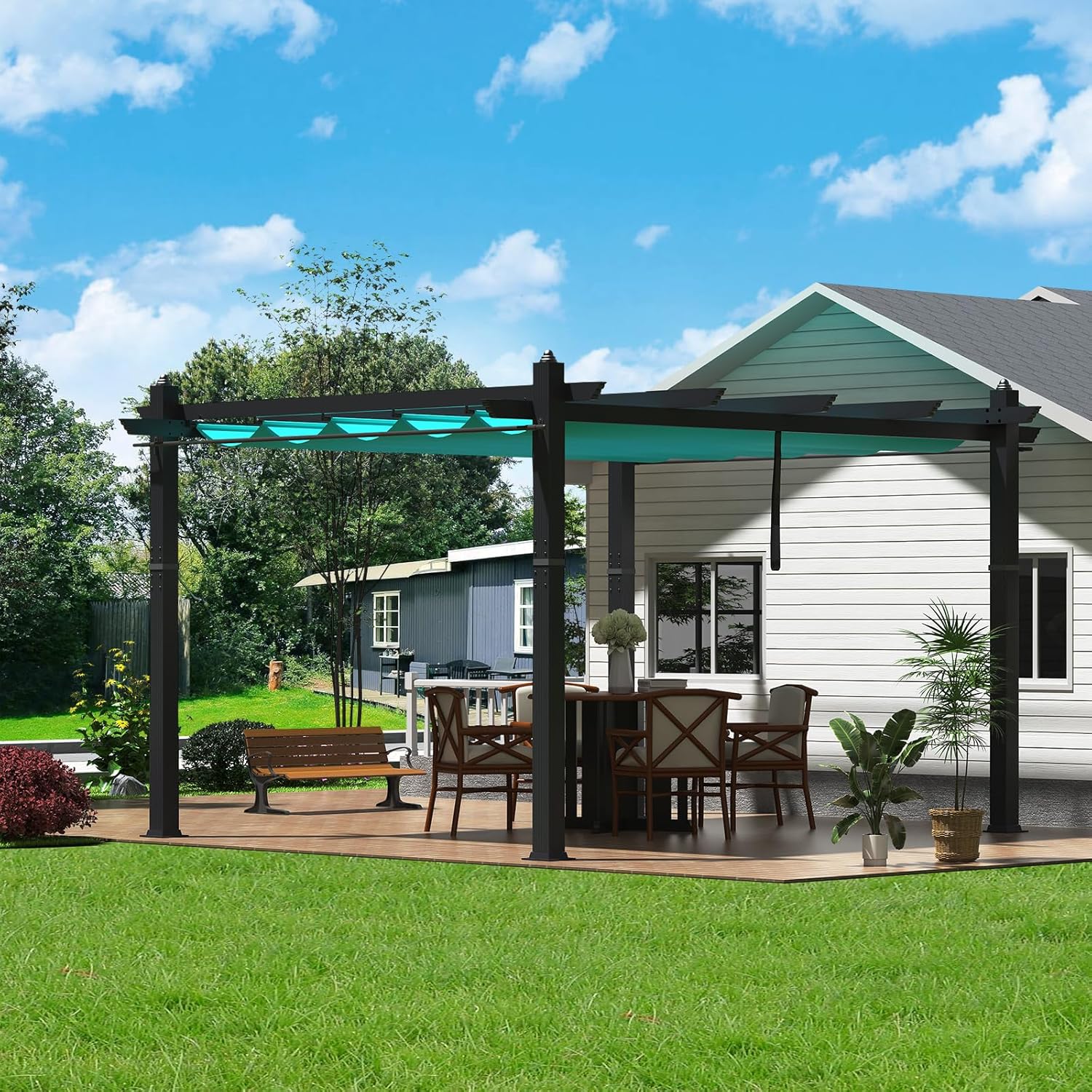 GarveeTech 10x13 ft Retractable Outdoor Pergola with Aluminum Frame, Netting & Waterproof Canopy - Patio Gazebo Shelter