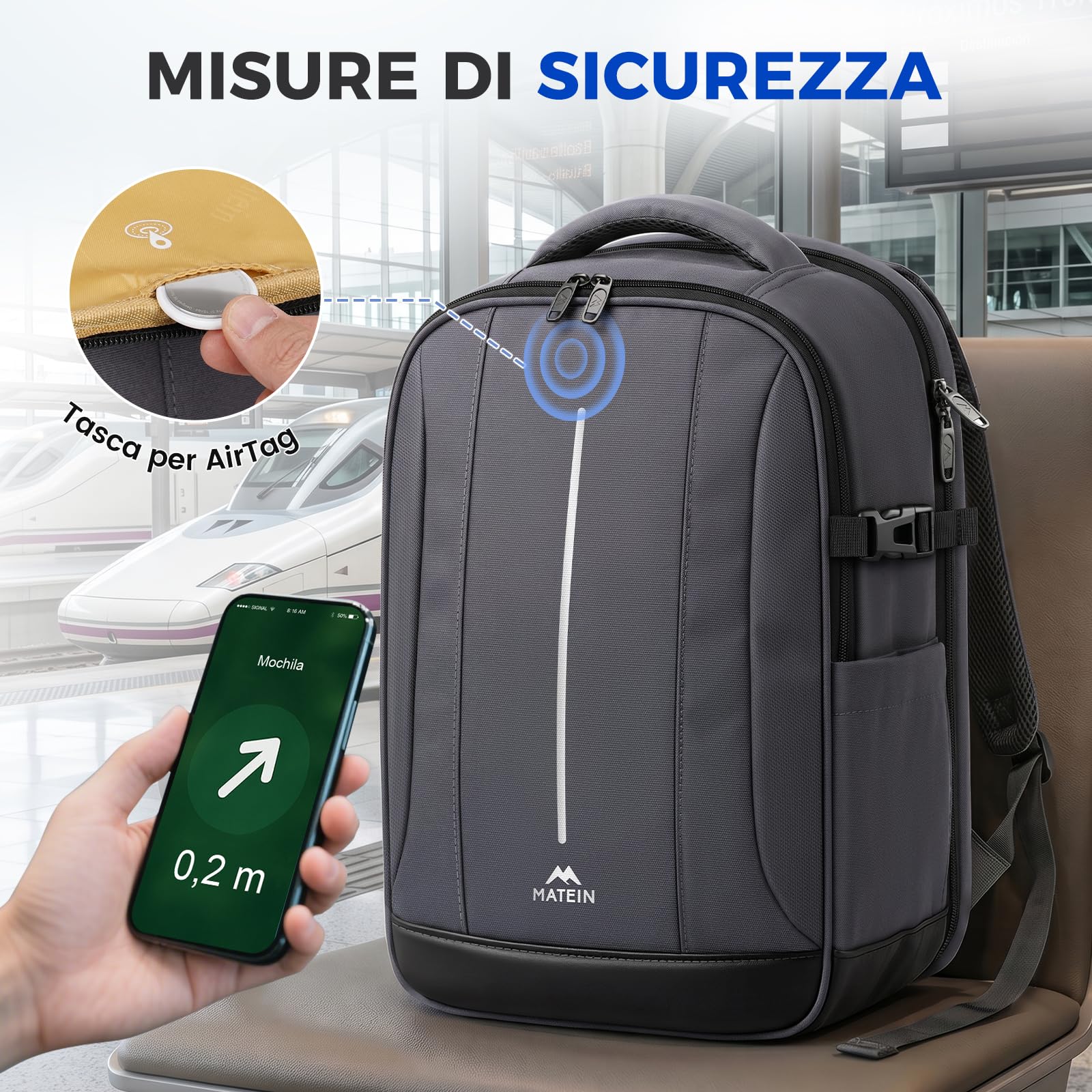 MATEIN Zaino Porta PC 15,6 Pollici, Zaino Lavoro Uomo per Laptop Notebook | Zaino PC Portatili con Custodia Organizer, Zaino Antifurto da Viaggio 40x30x16cm, per Ufficio, Viaggio e Università, Grigio