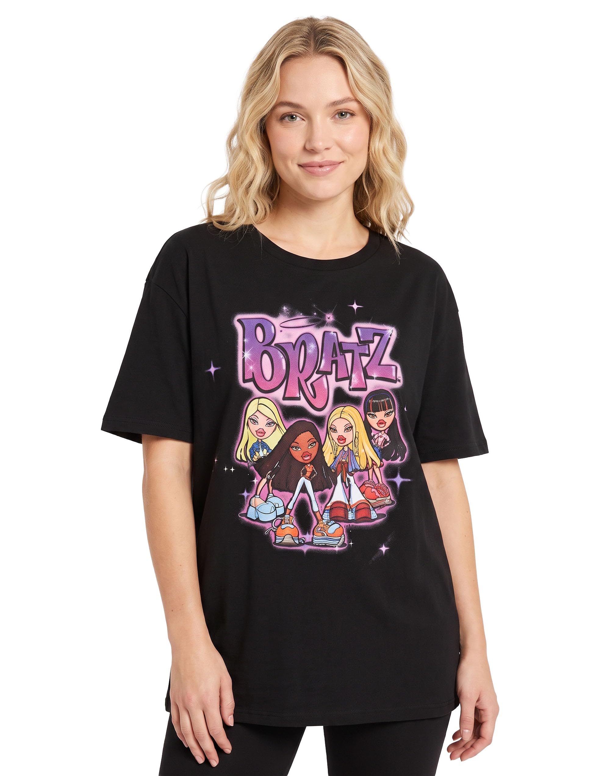 Bratz Women's Black T-Shirt | Airbrushed Short Sleeve Graphic Tee In | Y2k Classic Airbrush Style Artwork Sasha Jade Cloe Yasmin Apparel Top | Nostalgic Doll Character Merchandise Gift