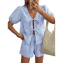 Short Sets Women 2 Piece Summer Vacation Beach Outfits Going Out Matching Clothes Cute Striped Tie Front Tops