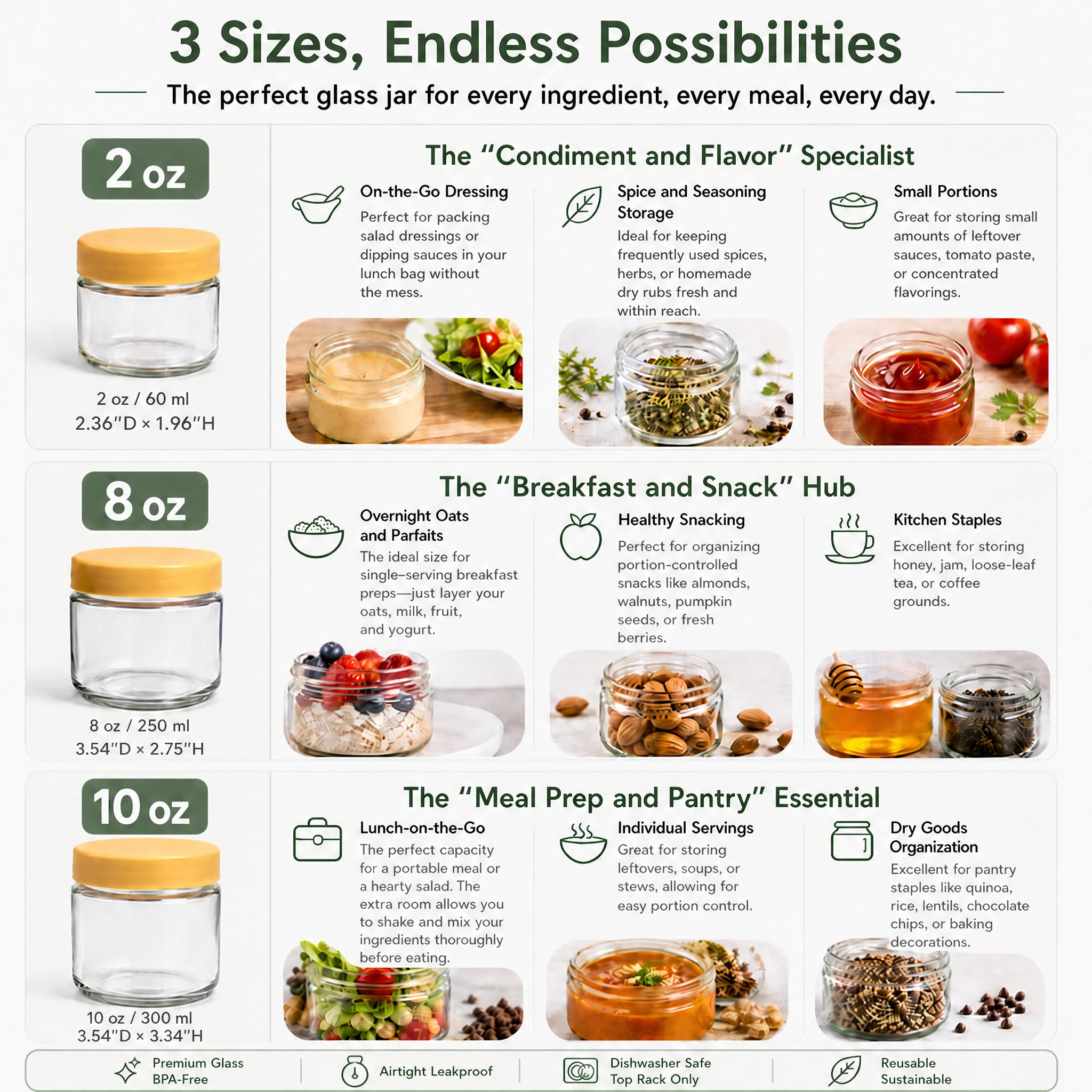 EONJOE Tarros de vidrio de 8 onzas con tapas, 1 taza, recipientes pequeños para pudín de chía, mermelada, aperitivos, yogur, avena durante la noche, caramelos, paquete de 6