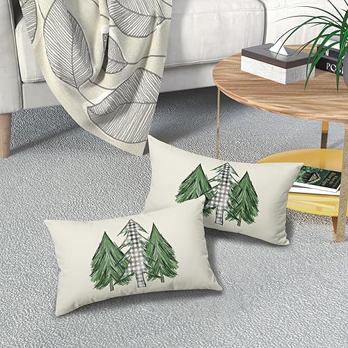 Miniatura 7 de Juego de 2 fundas de almohada lumbar con diseño de acuarela para árbol de Navidad, 12 x 20 pulgadas, color verde, negro y blanco, a cuadros,